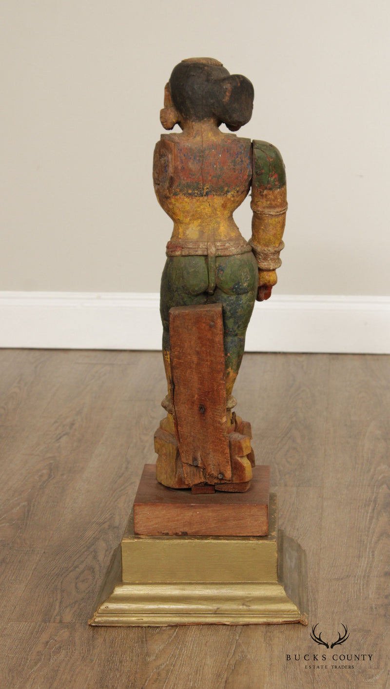 Antique Indian Polychrome Wooden Goddess Sculpture
