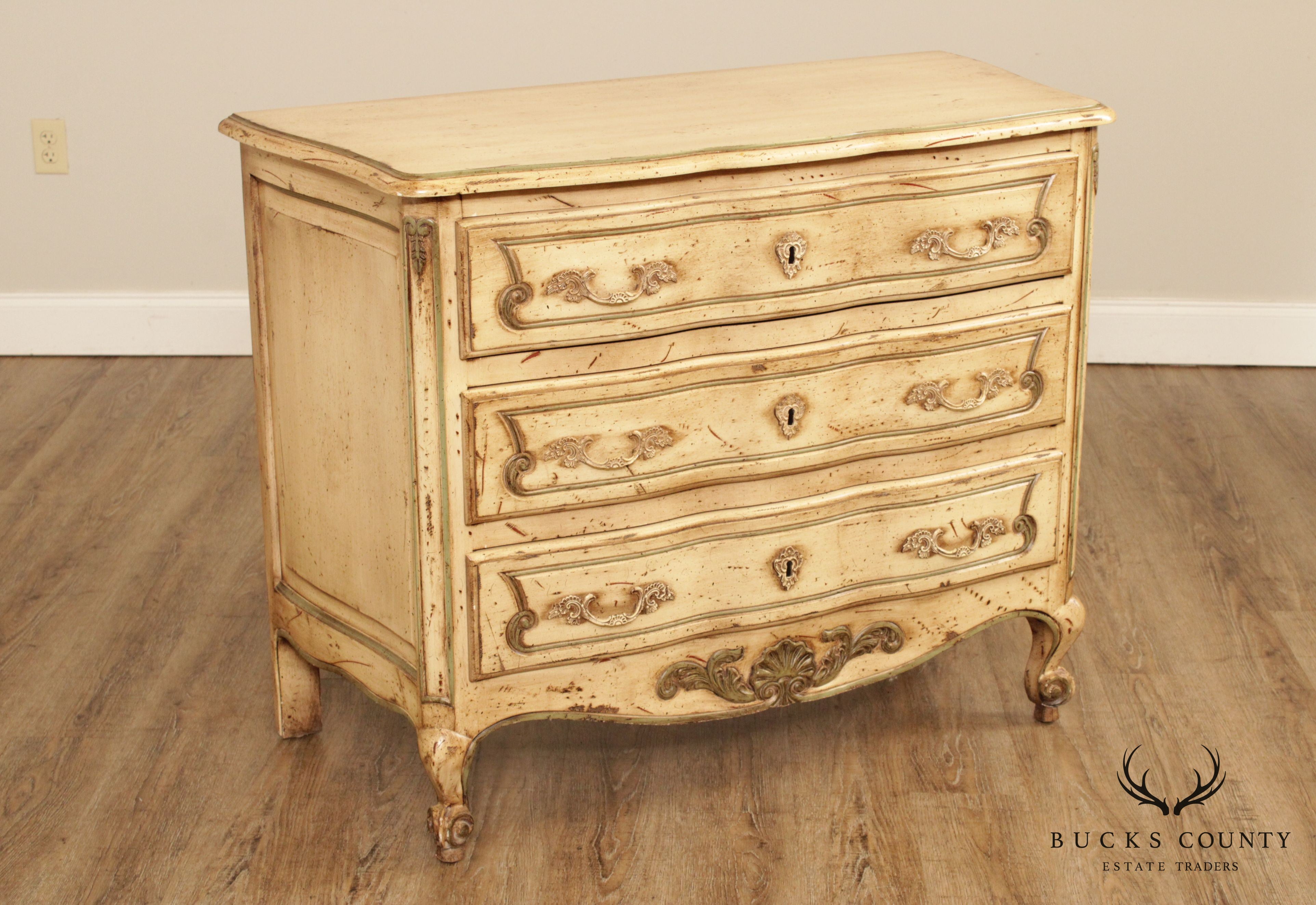 French Louis XV Style Quality Distressed Painted 3 Drawer Chest