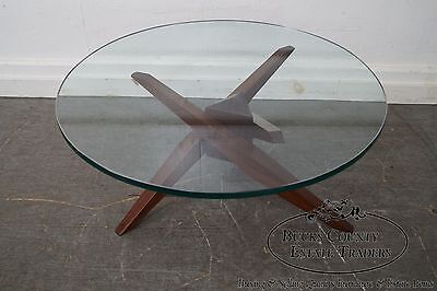 Mid Century Walnut Cubist Splayed Leg Round Glass Top Coffee Table