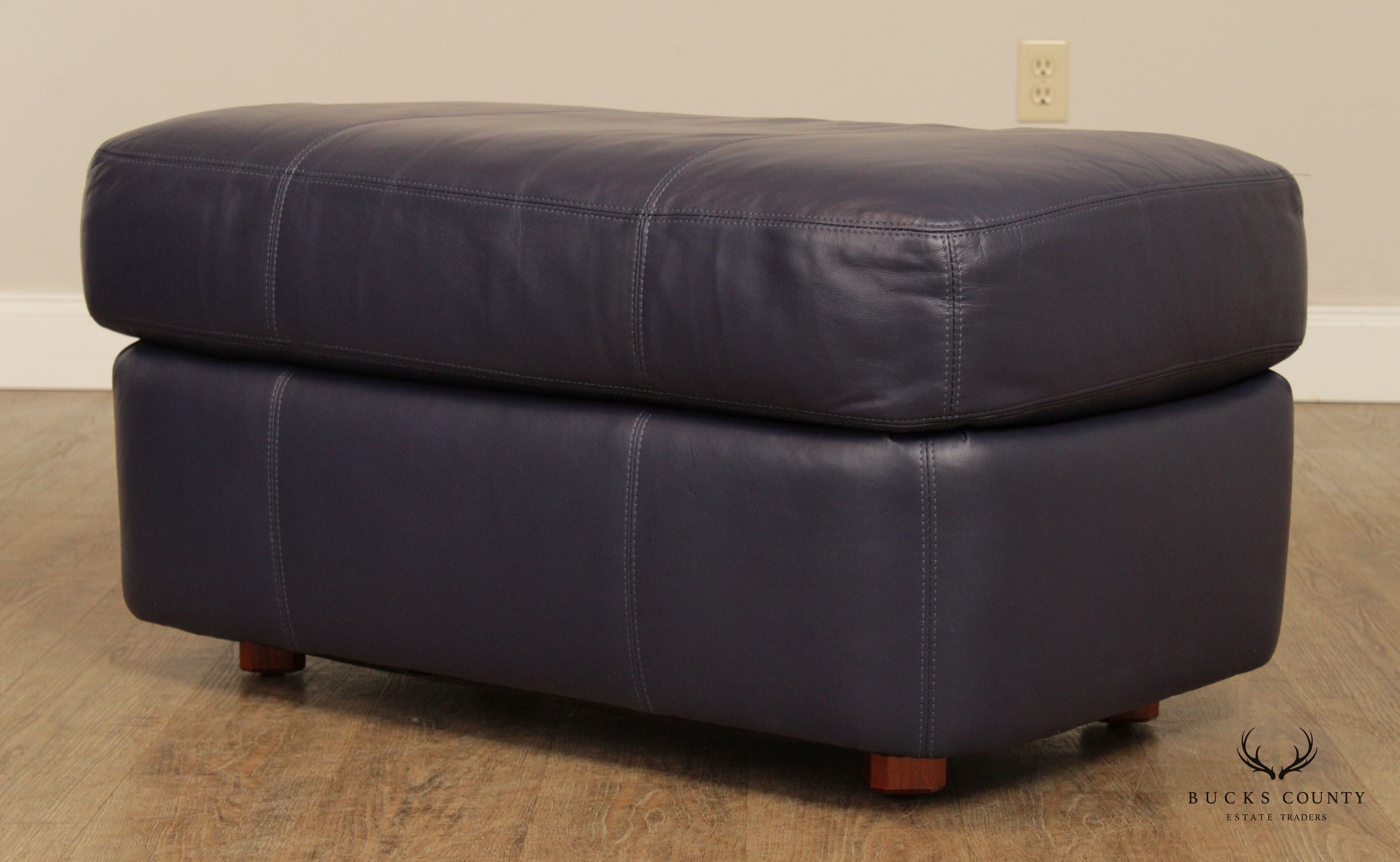 Henredon Vintage Pair of Blue Leather Ottomans