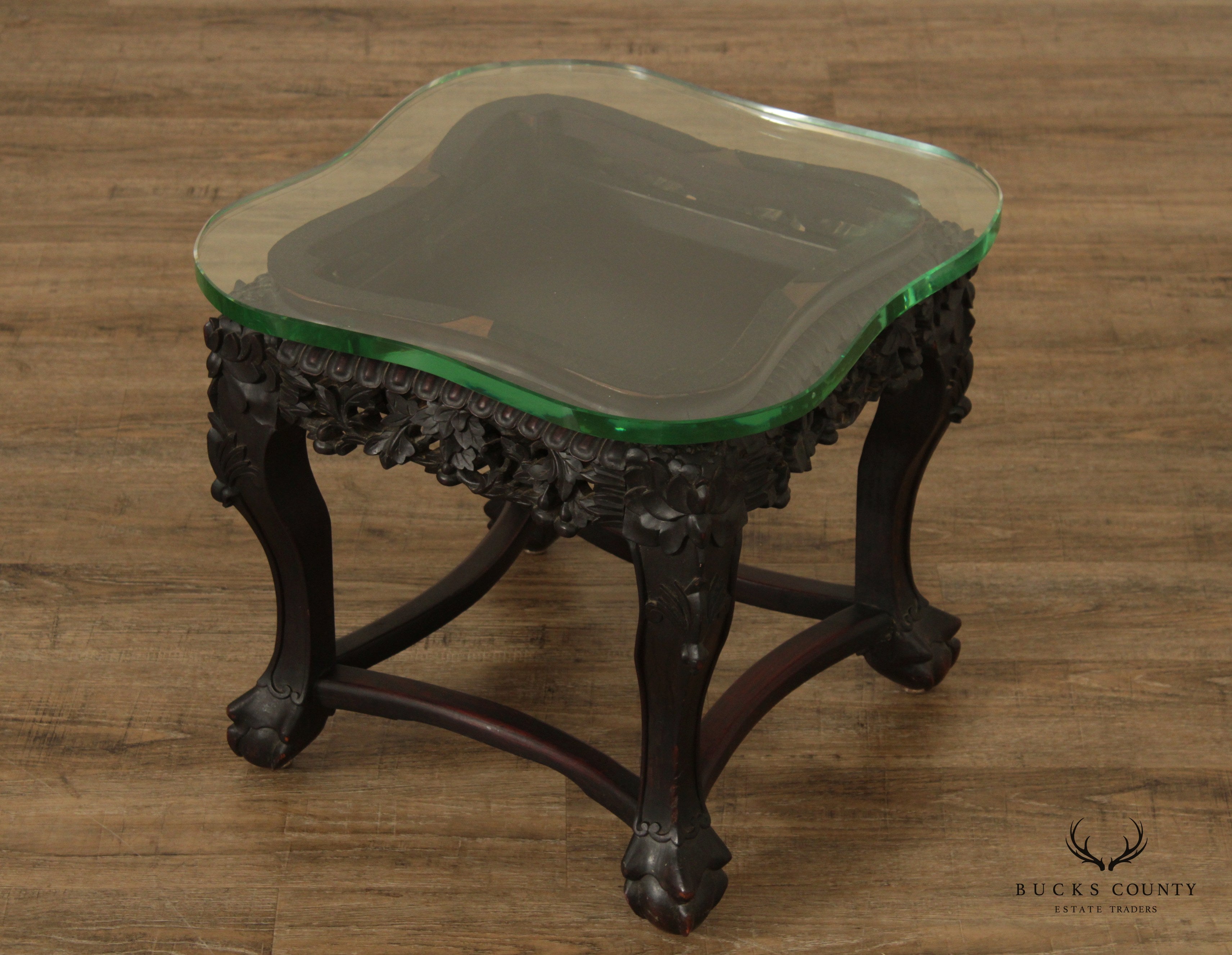 Antique Asian Ornate Carved Tabouret Side Table with Glass Top