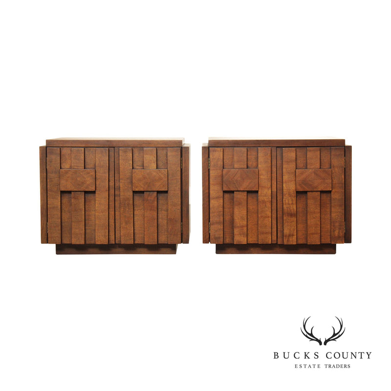 Lane Mid Century Brutalist Pair of Walnut Nightstand Cabinets