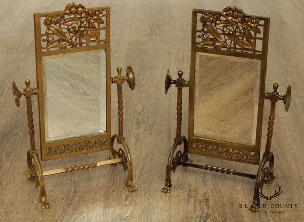 Aesthetic Movement Antique 1880's Victorian Brass Pair Cheval Beveled Vanity Mirrors