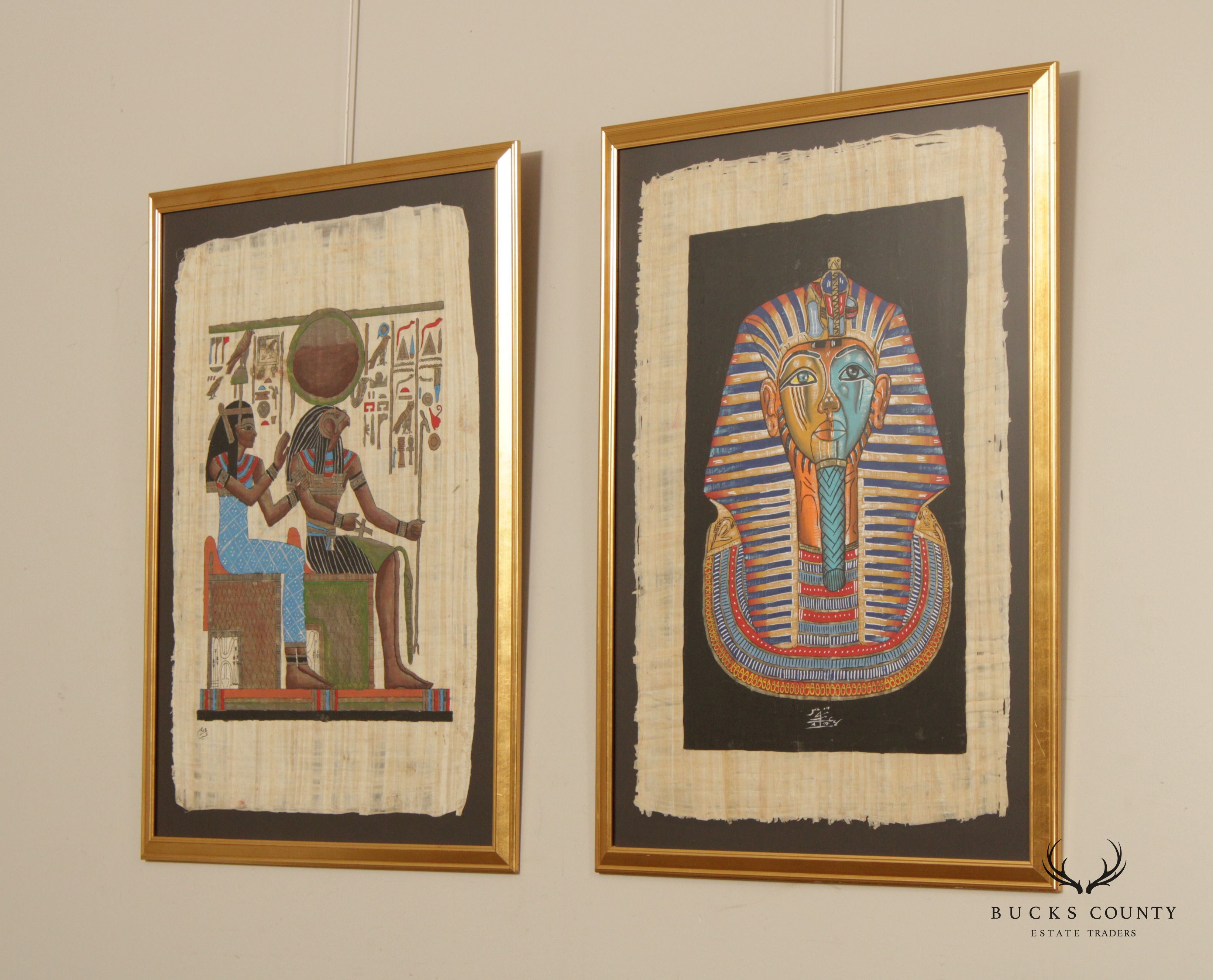 Vintage Pair Egyptian Paintings on Papyrus, Custom Framed