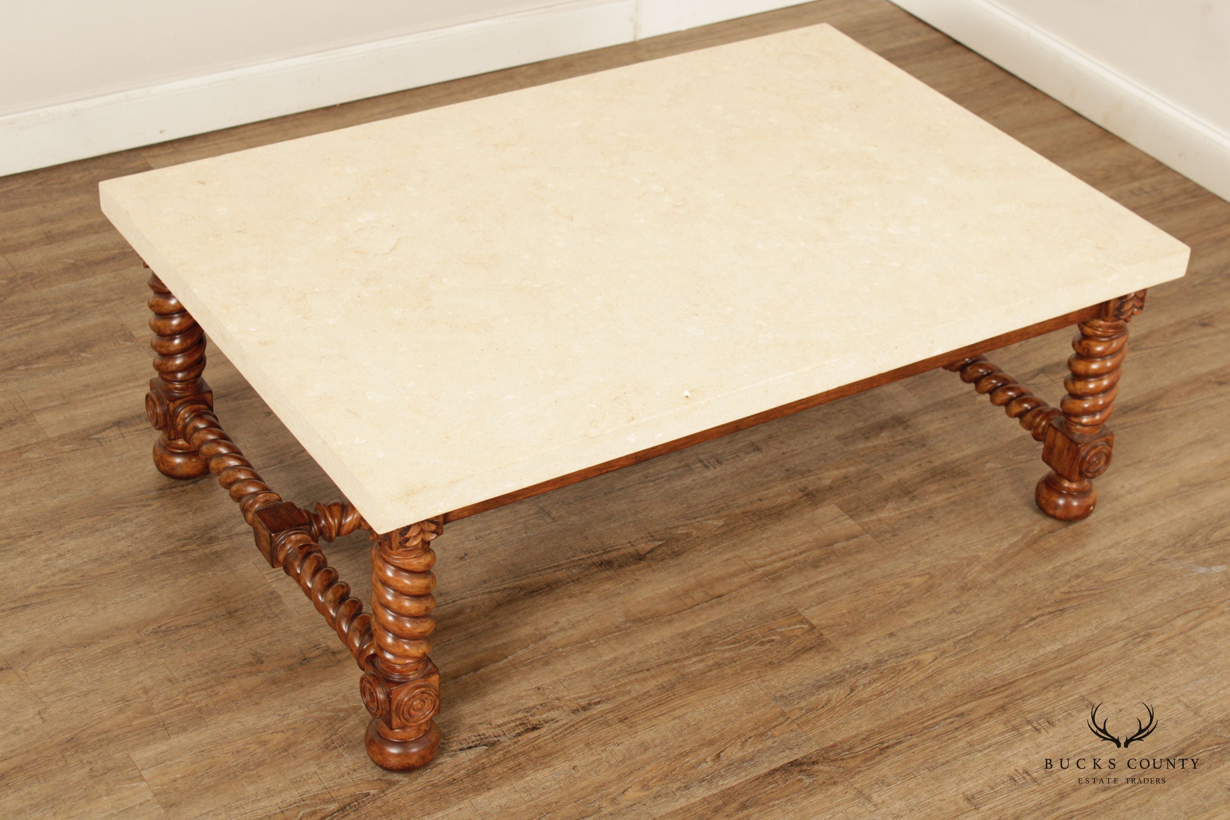 Jacobean Style Barley Twist Travertine Stone Top Coffee Table