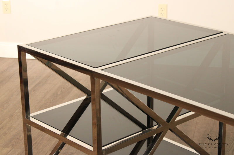 Contemporary Chromed and Smoked Glass X-Base Executive Desk