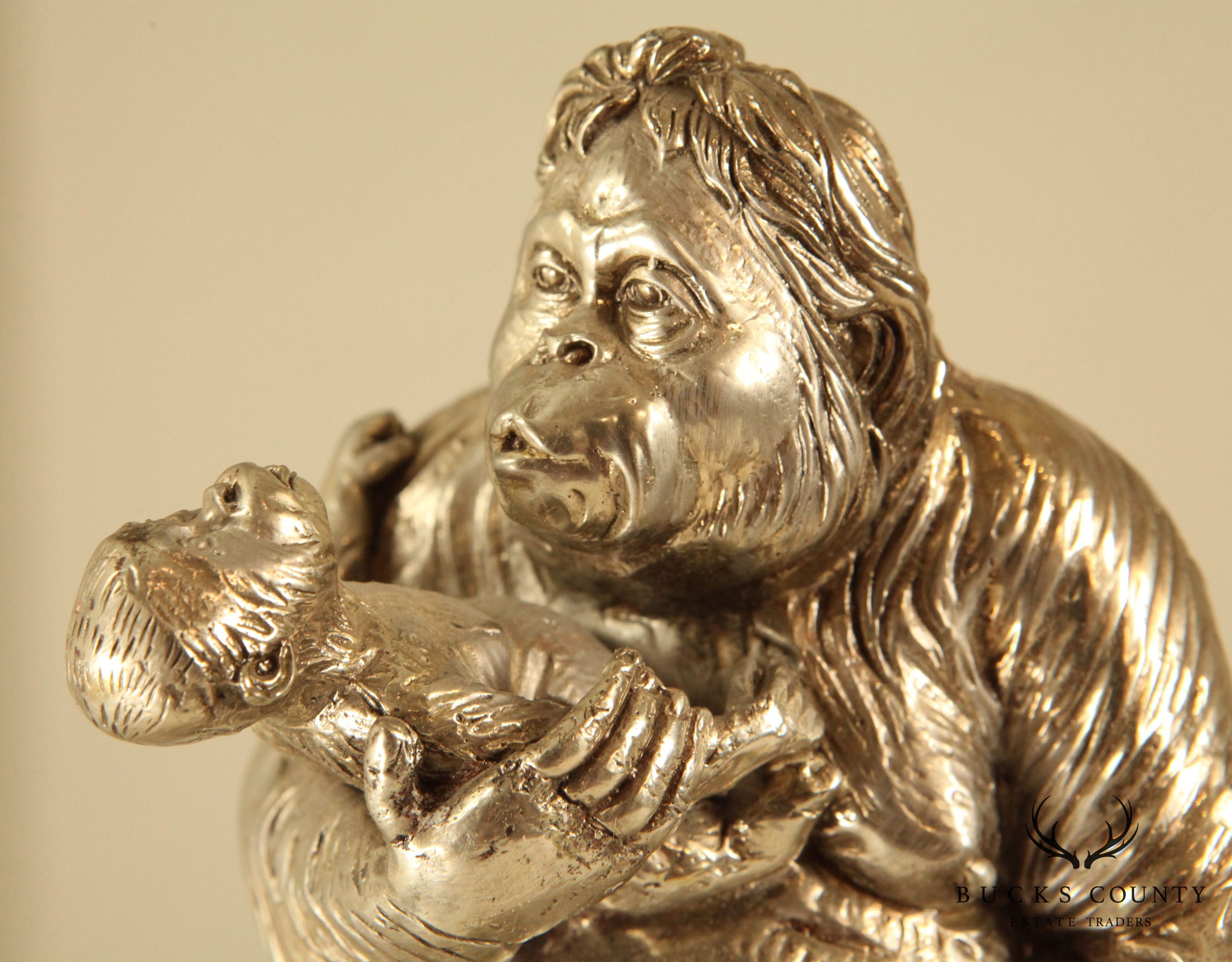 Silver Finish Bronze Statue of Mother & Baby Orangutan