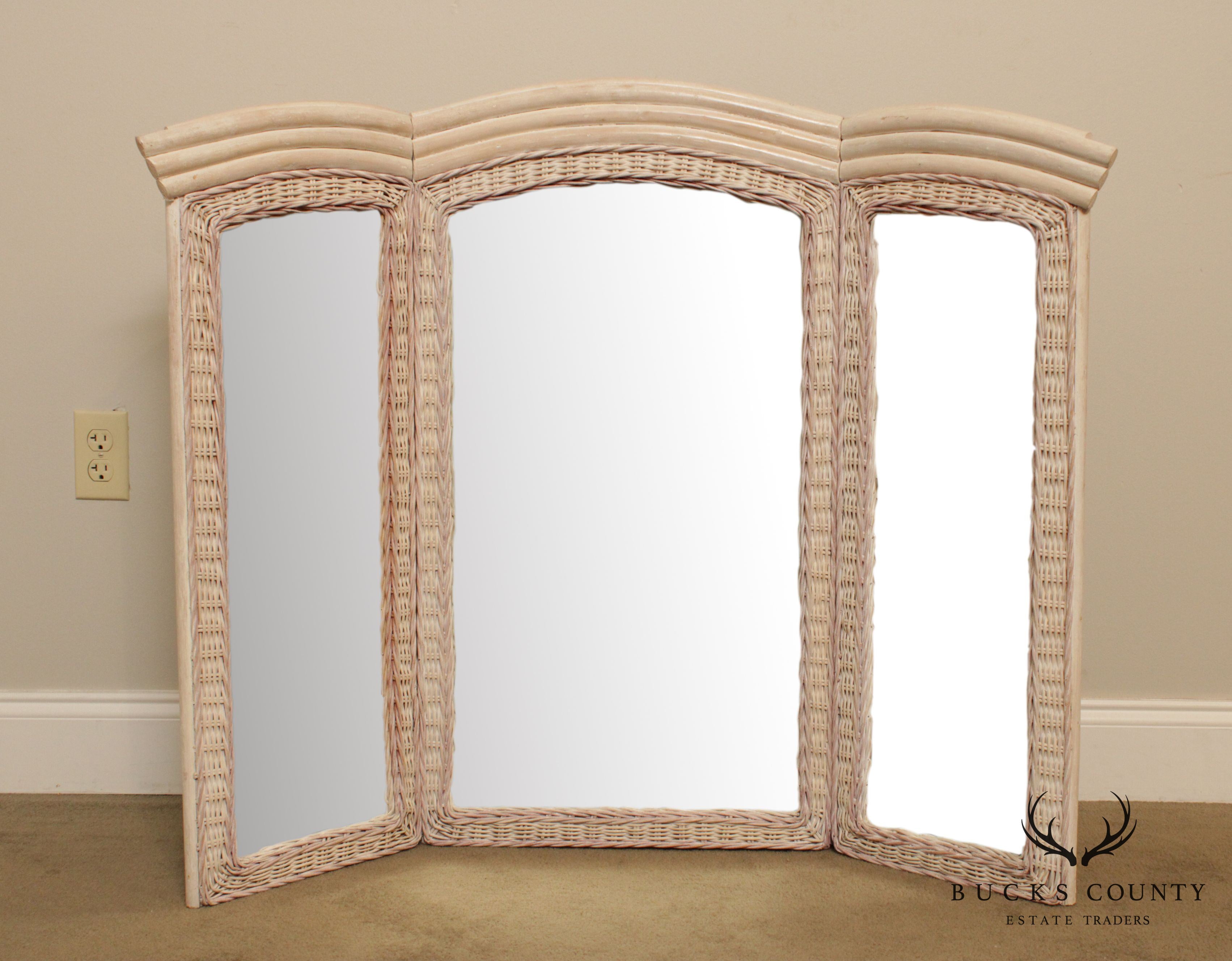 Vintage Painted Wicker Trifold Mirror