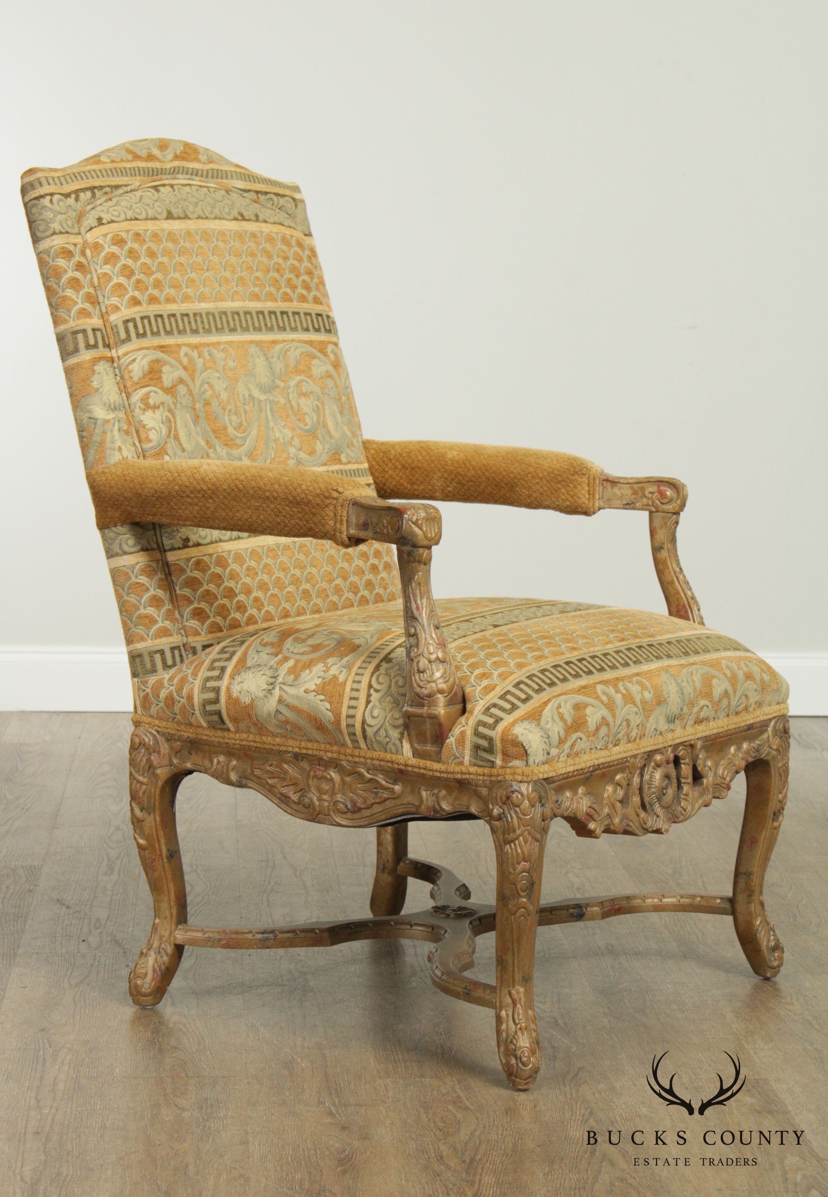 Wesley Hall Louis XV Style Carved Frame Armchair, Custom Upholstery