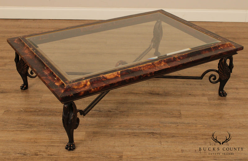 Maitland Smith Large Glass Top Faux Tortoise Shell Coffee Table w/ Swan Legs