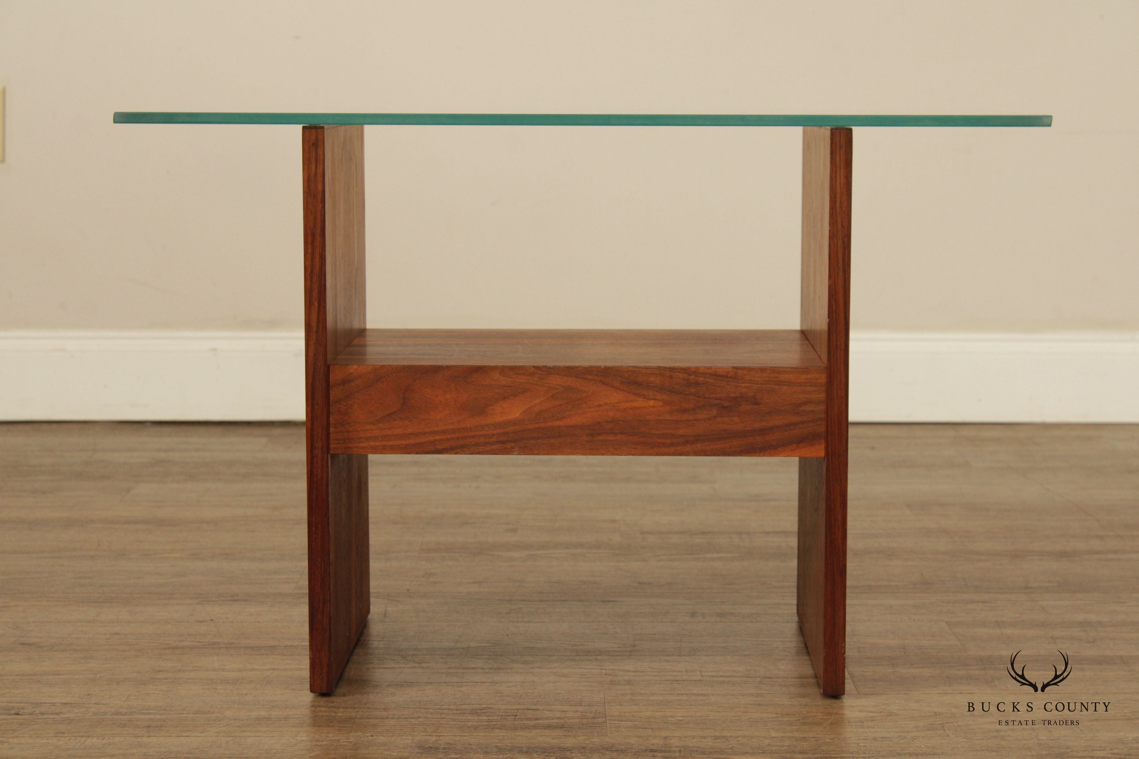 Mid Century Modern Walnut Glass Top Side Table