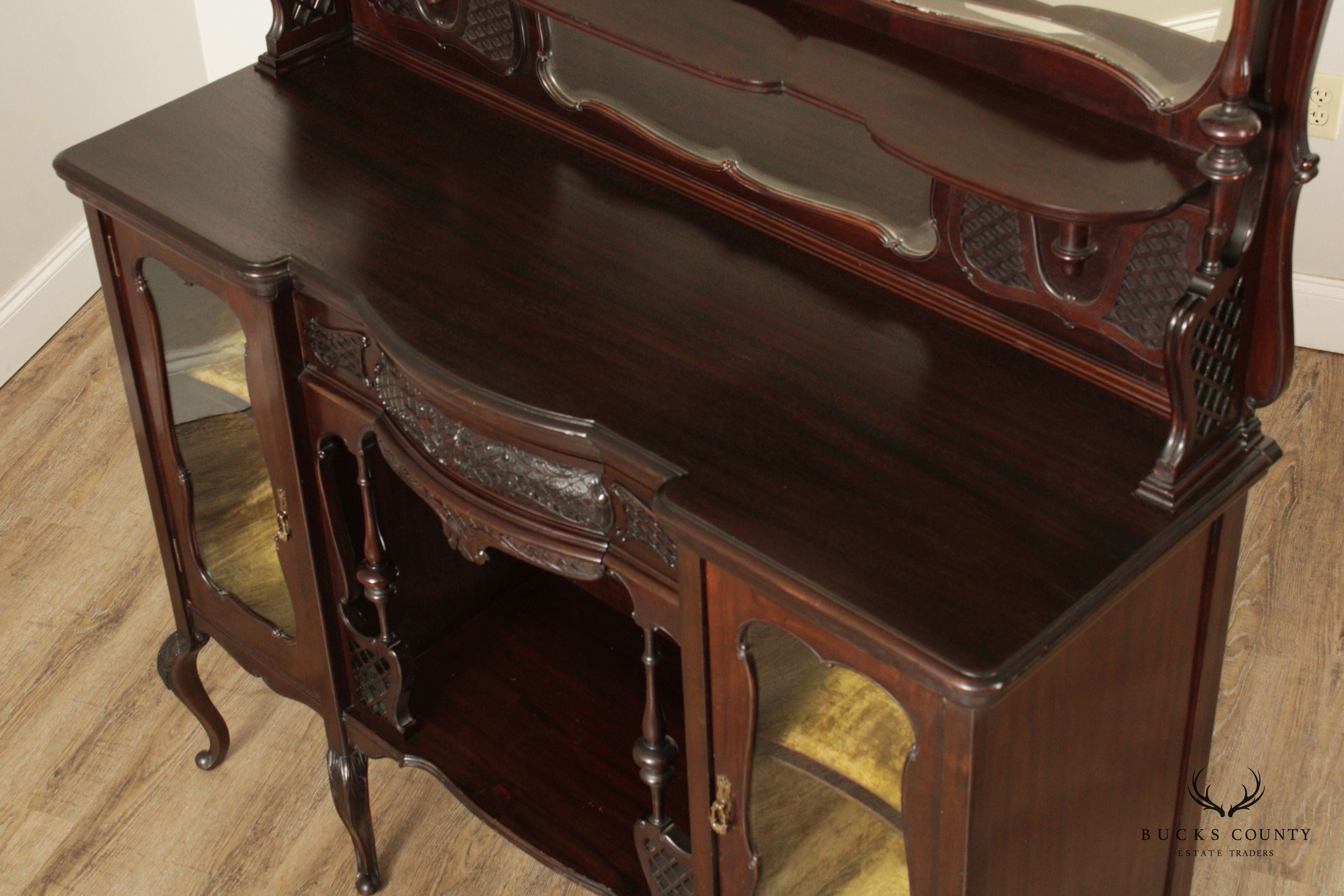 Antique Victorian Carved Mahogany Mirrored Etagere Sideboard