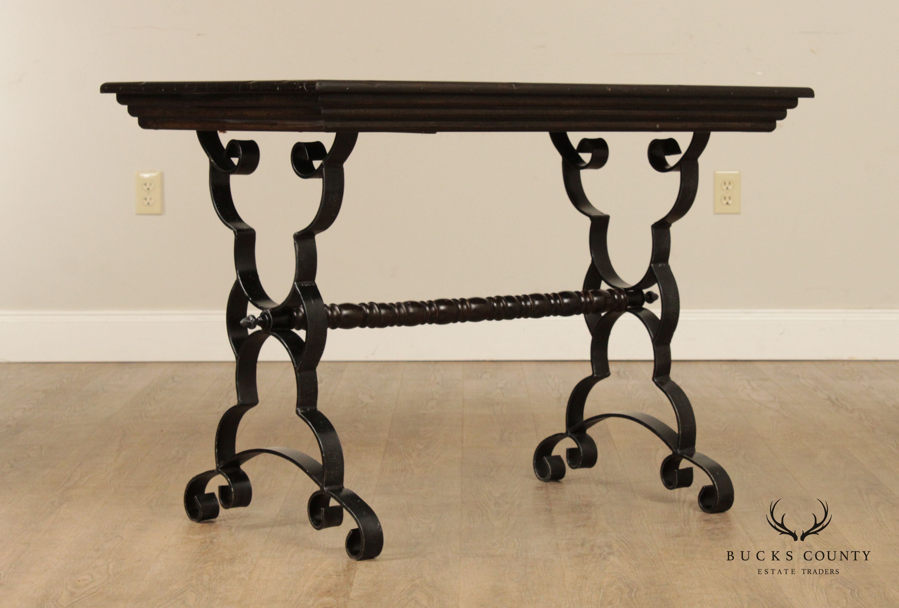 Spanish Revival Vintage Wrought Iron & Oak Trestle Table