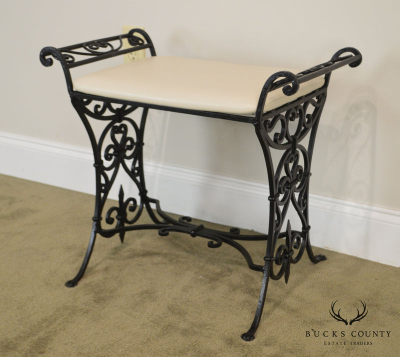 Wrought Iron Art Deco Period Vintage Leather Seat Bench