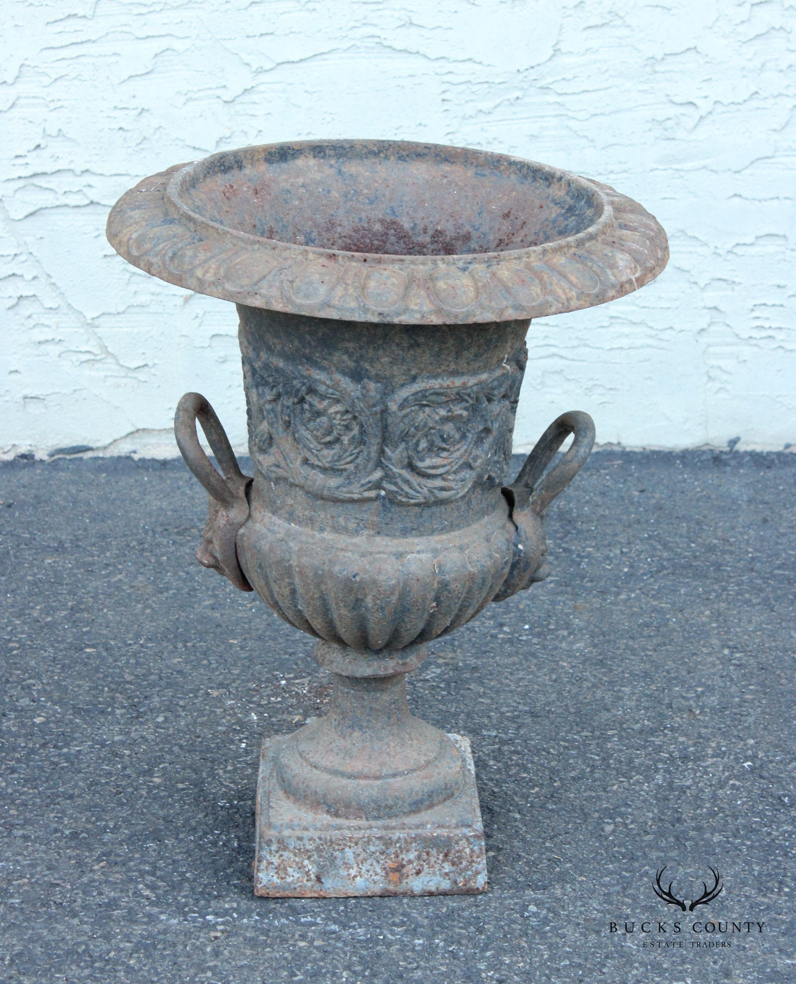 Classical Style Pair Cast Iron Garden Urns with Lion Masks