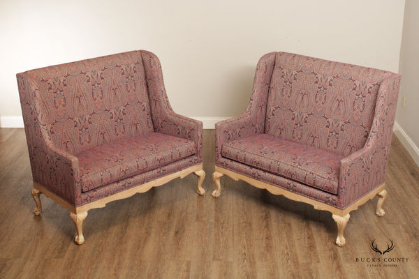 Chippendale Style Pair Custom Upholstered High-Back Settees