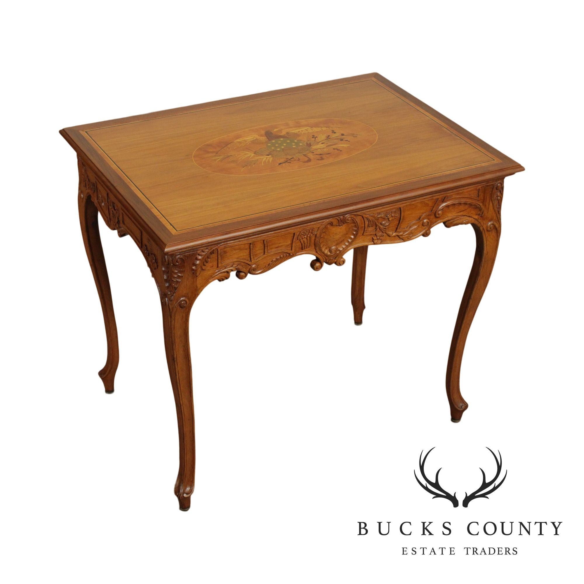 French Influenced Custom Patriotic Marquetry Inlaid Side Table