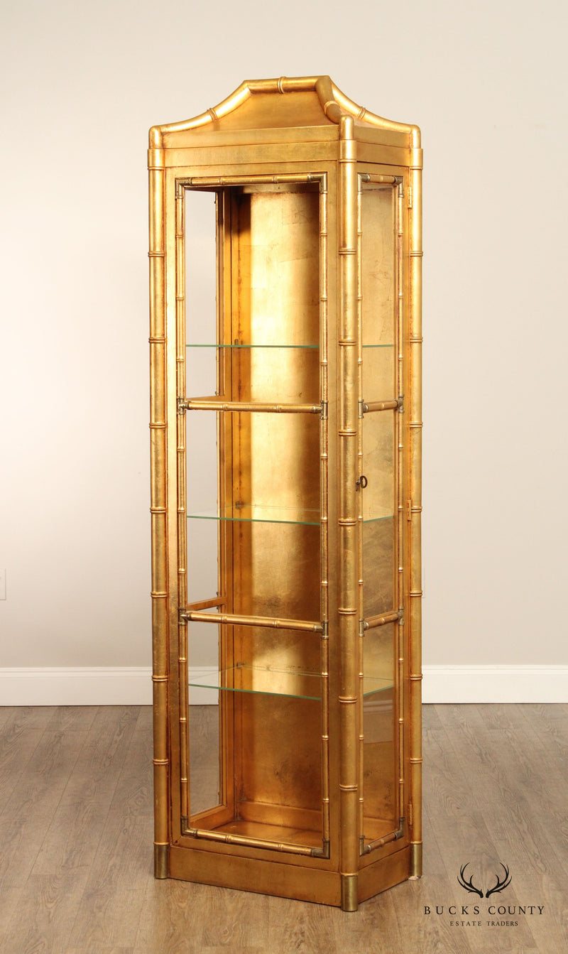 Hollywood Regency Gold Painted Faux Bamboo Curio Display Cabinet
