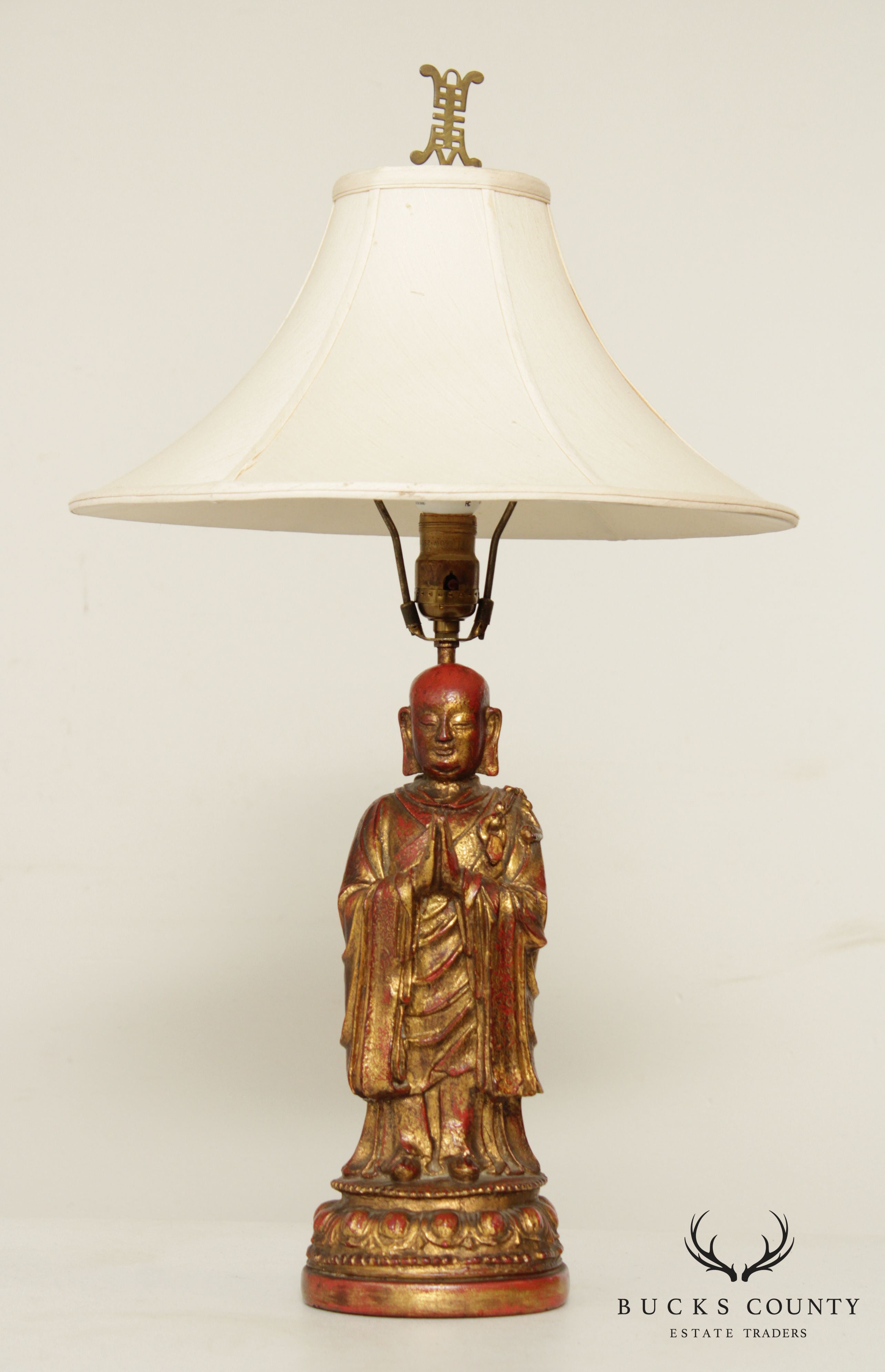 Vintage Partial Gilt Polychrome Resin Buddha Lamp