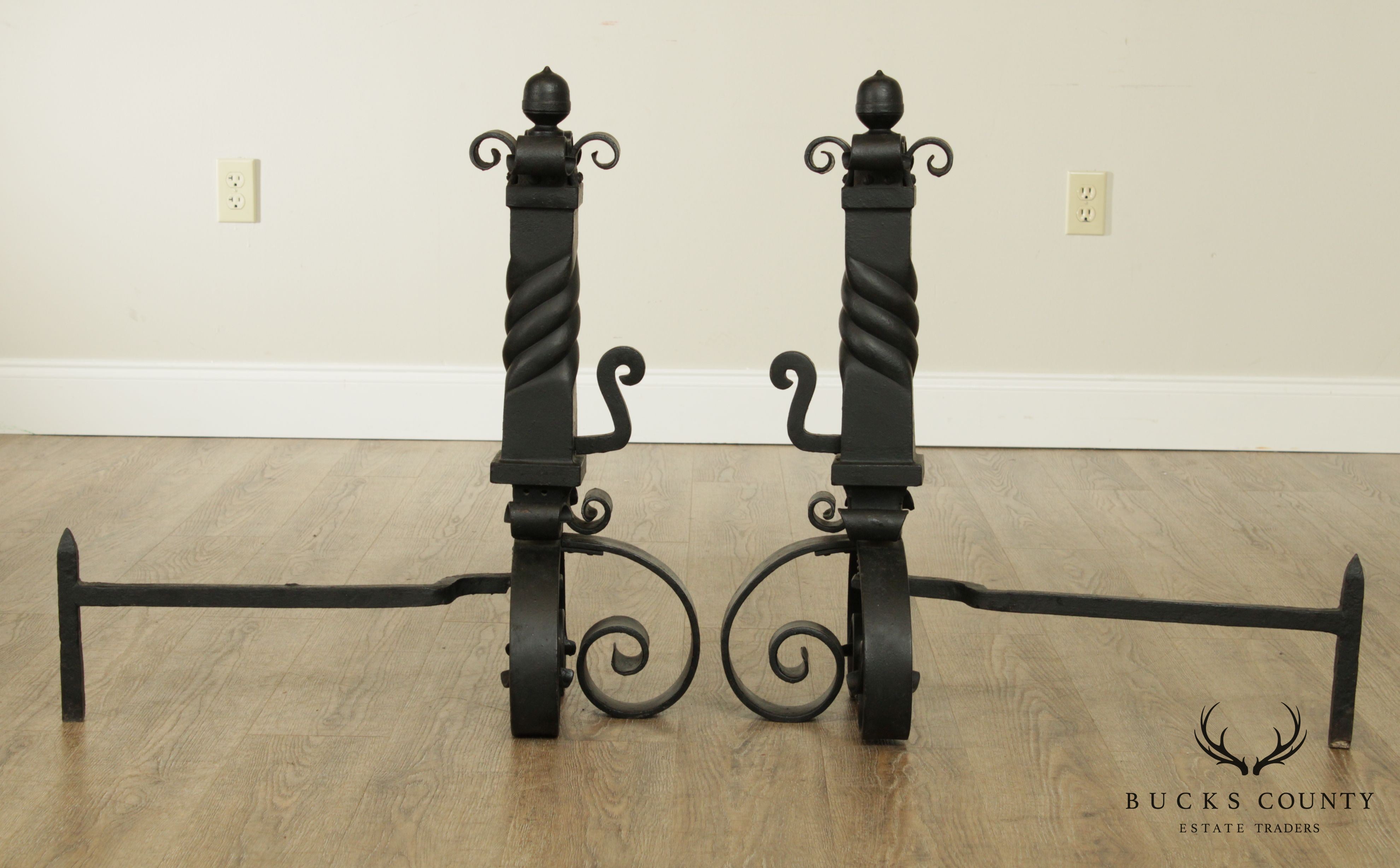 Hand Forged Iron Heavy Twisted Pair Andirons