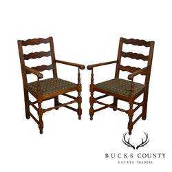 French Country Style Antique Pair Oak Ladder Back Armchairs
