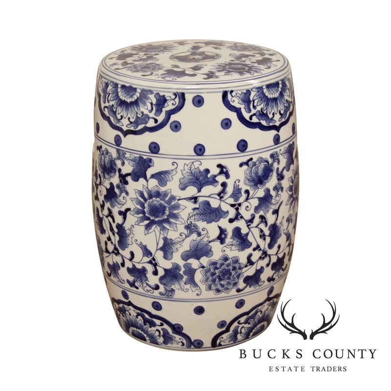 Vintage Asian Inspired Blue and White Porcelain Garden Stool