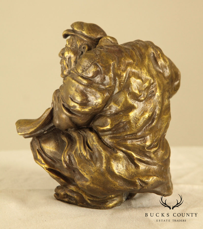 Atlie Bronze Figure of an Old Man Reading, Striking Match for Cigarette