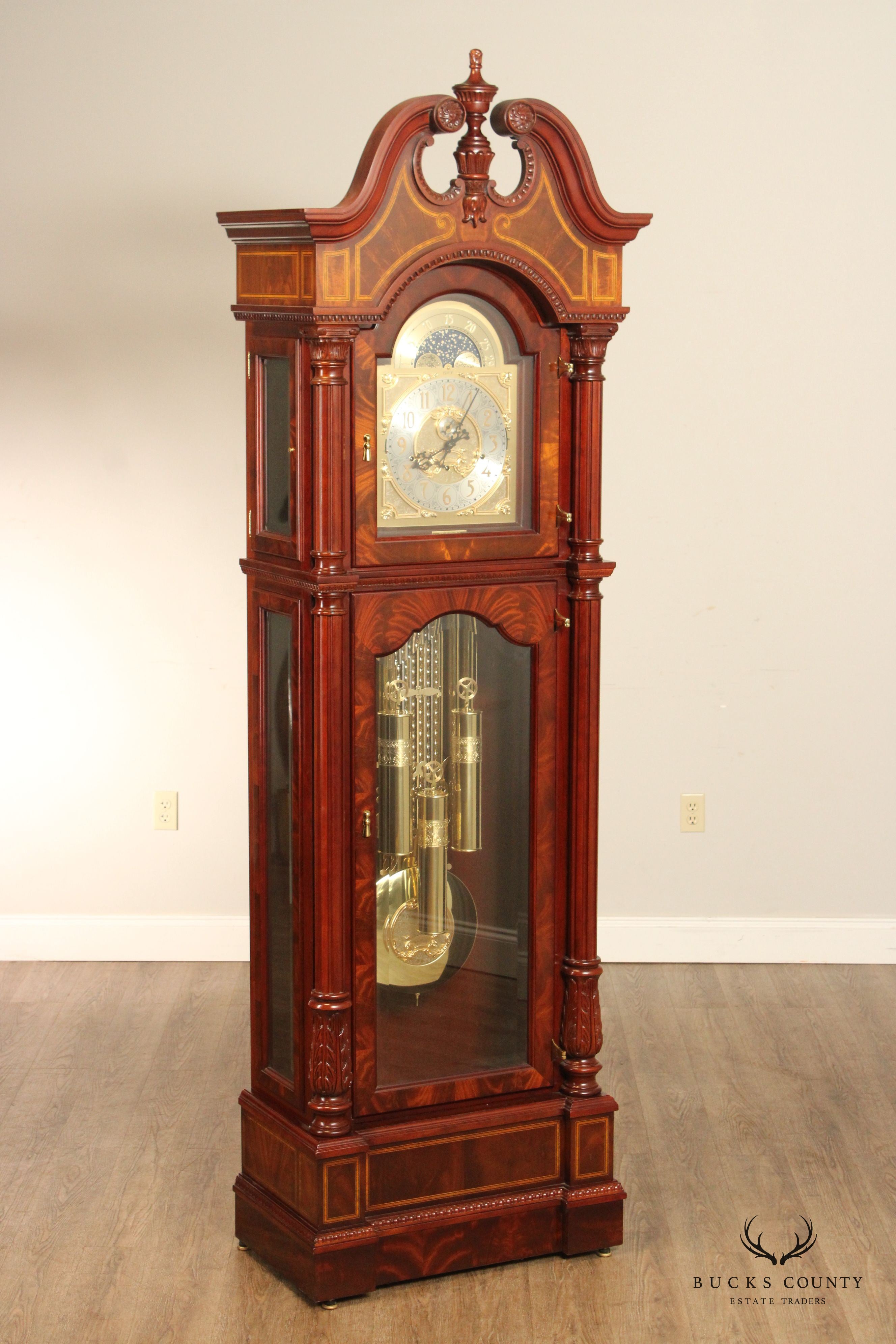 Charles R. Sligh Chippendale Inlaid Mahogany Grandfather Clock, Model 226