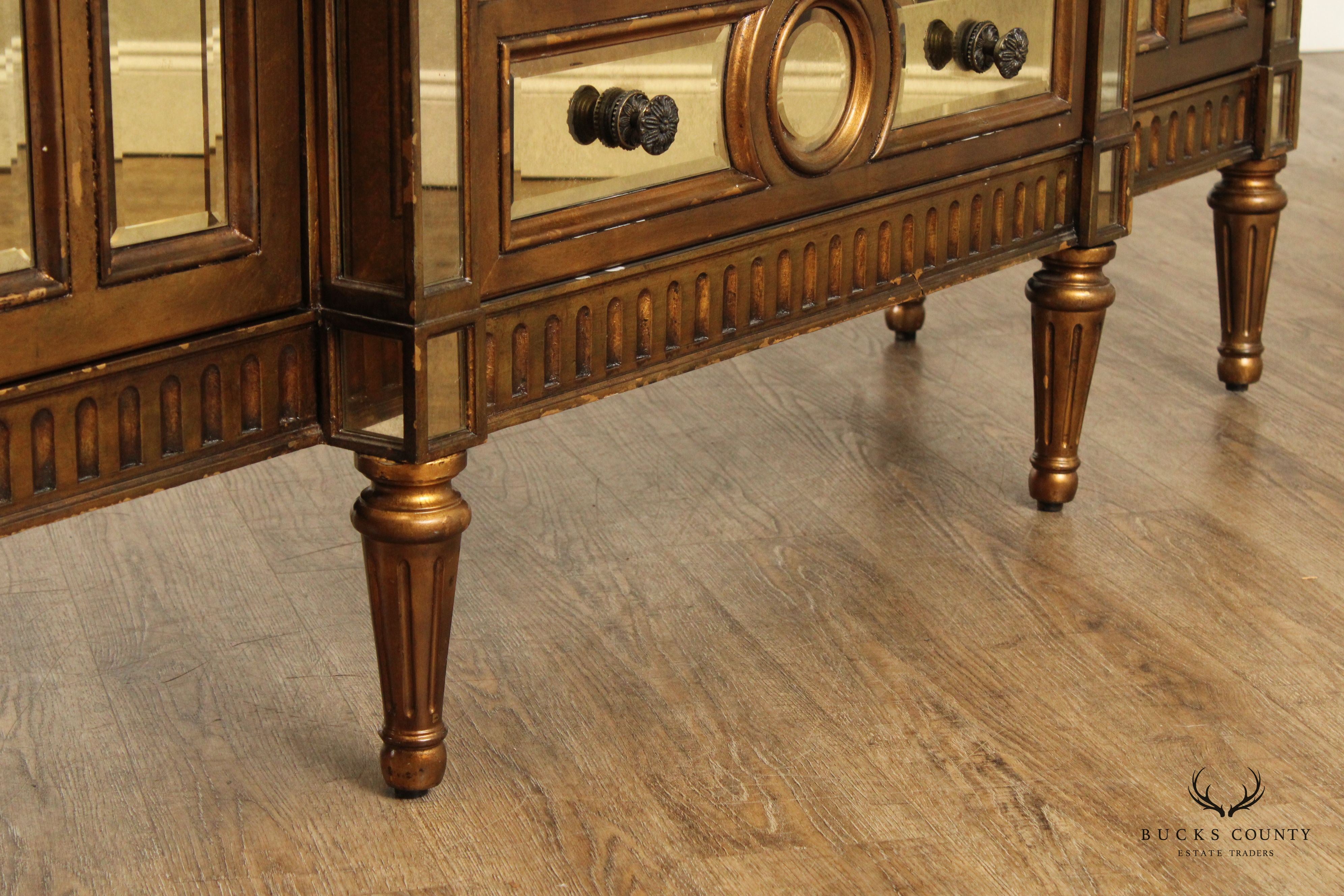 Italian Hollywood Regency Style Marble Top Mirrored Sideboard Buffet