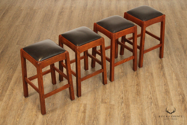 Stickley Mission Collection Set of Four Oak and Leather Backless Stools