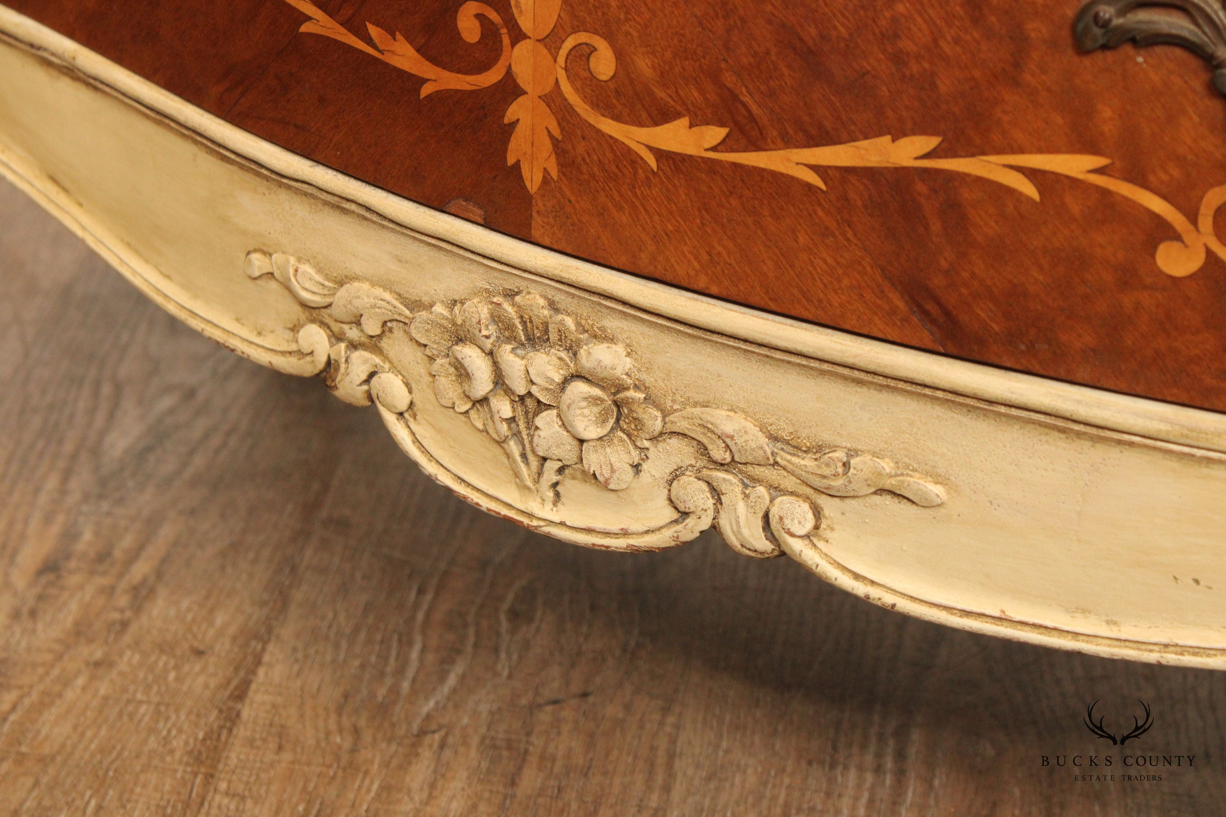 1920's French Marquetry Inlaid Marble Top Chest of Drawers