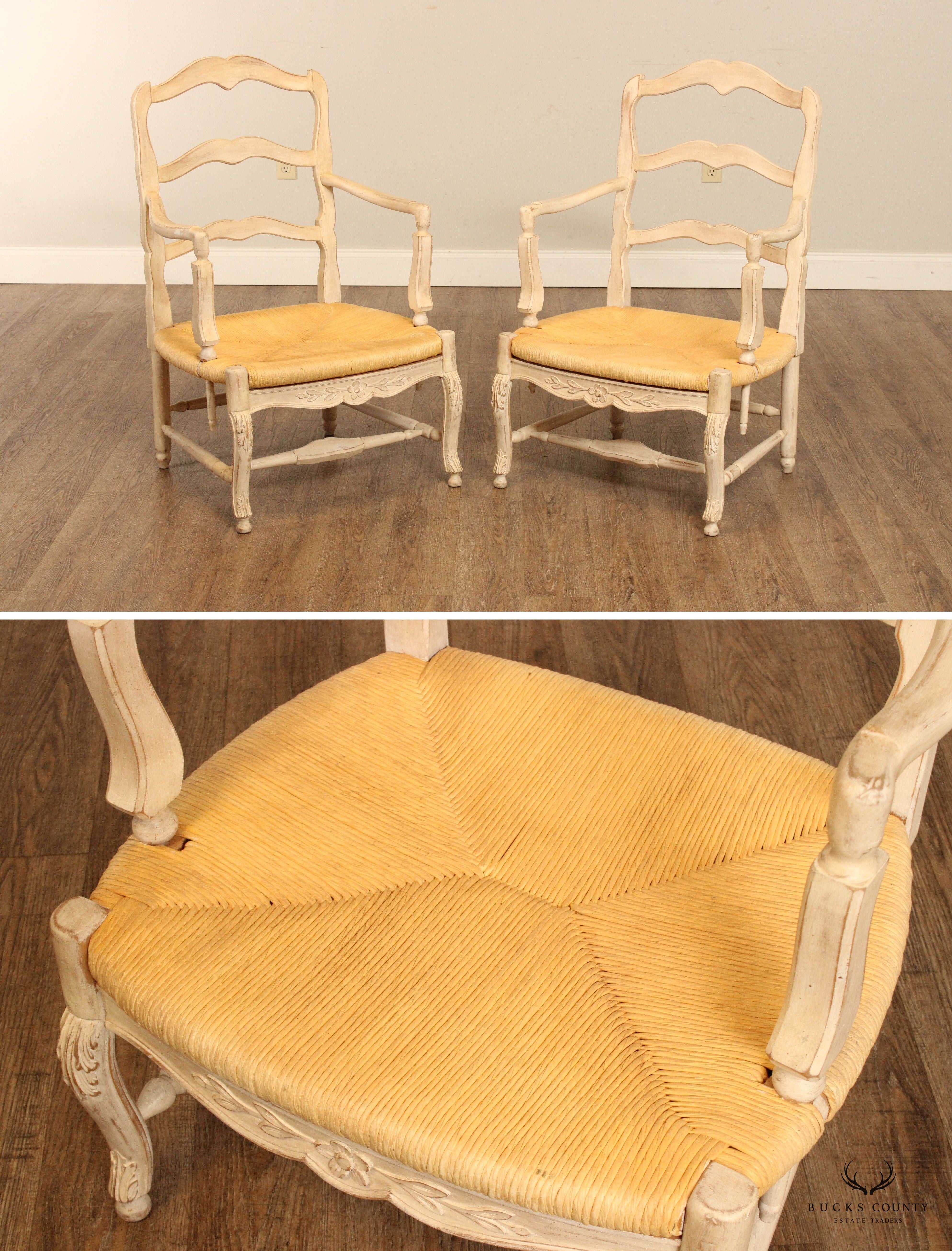 French Country Style Pair of Carved and Painted Armchairs