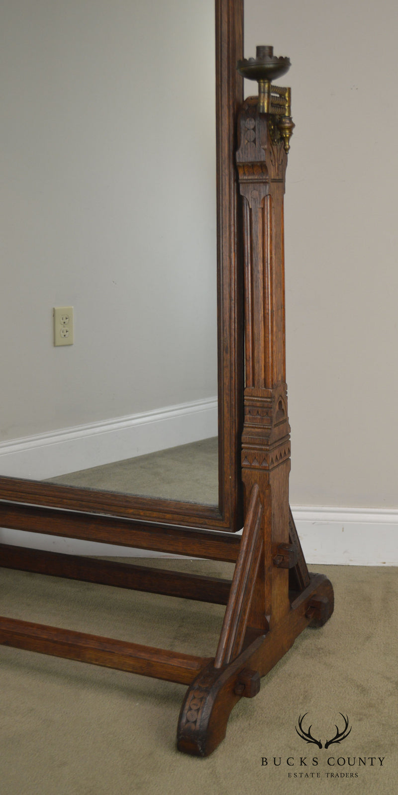 Aesthetic Movement American Antique Victorian Oak Cheval Mirror: Daniel Pabst Attributed