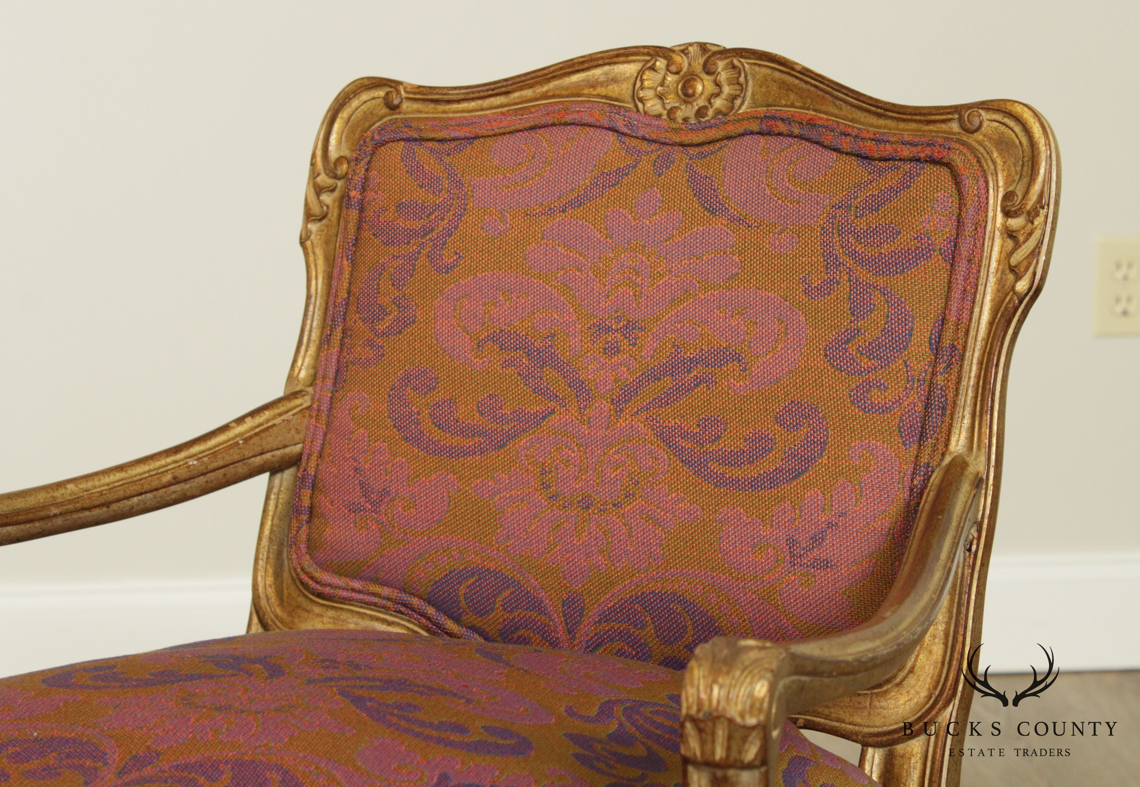 Hollywood Regency French Louis XV Style Vintage Gilt Wood Frame Pair Fauteuil Armchairs