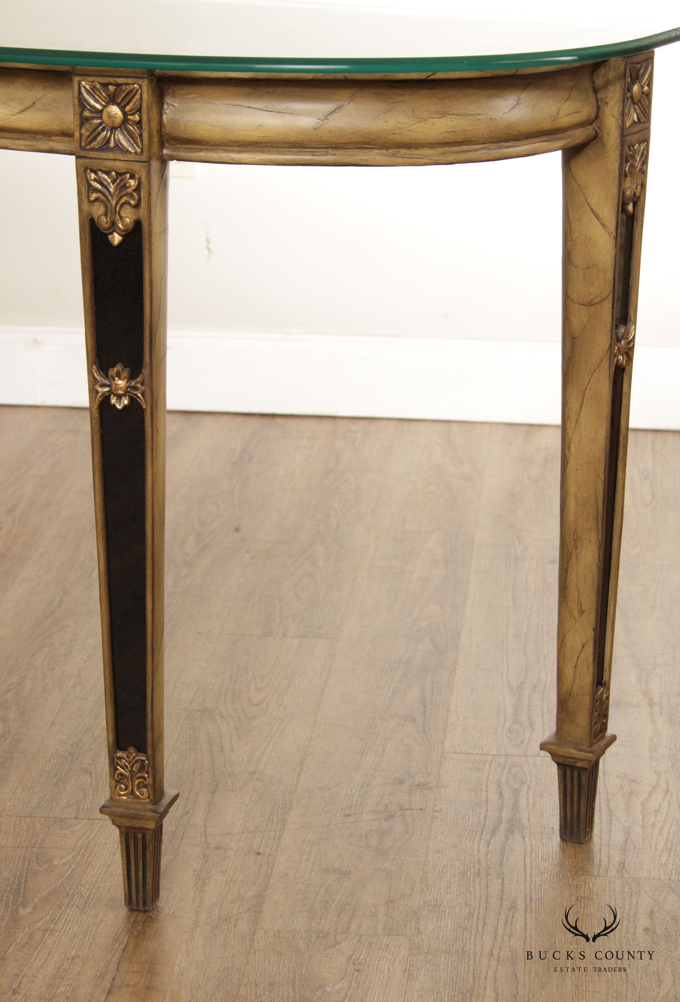 French Louis XVI Style Glass Top Demilune Console Table