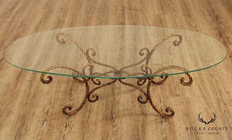 Hollywood Regency Vintage Italian Gilt Metal Rope Turned Glass Top Coffee Table