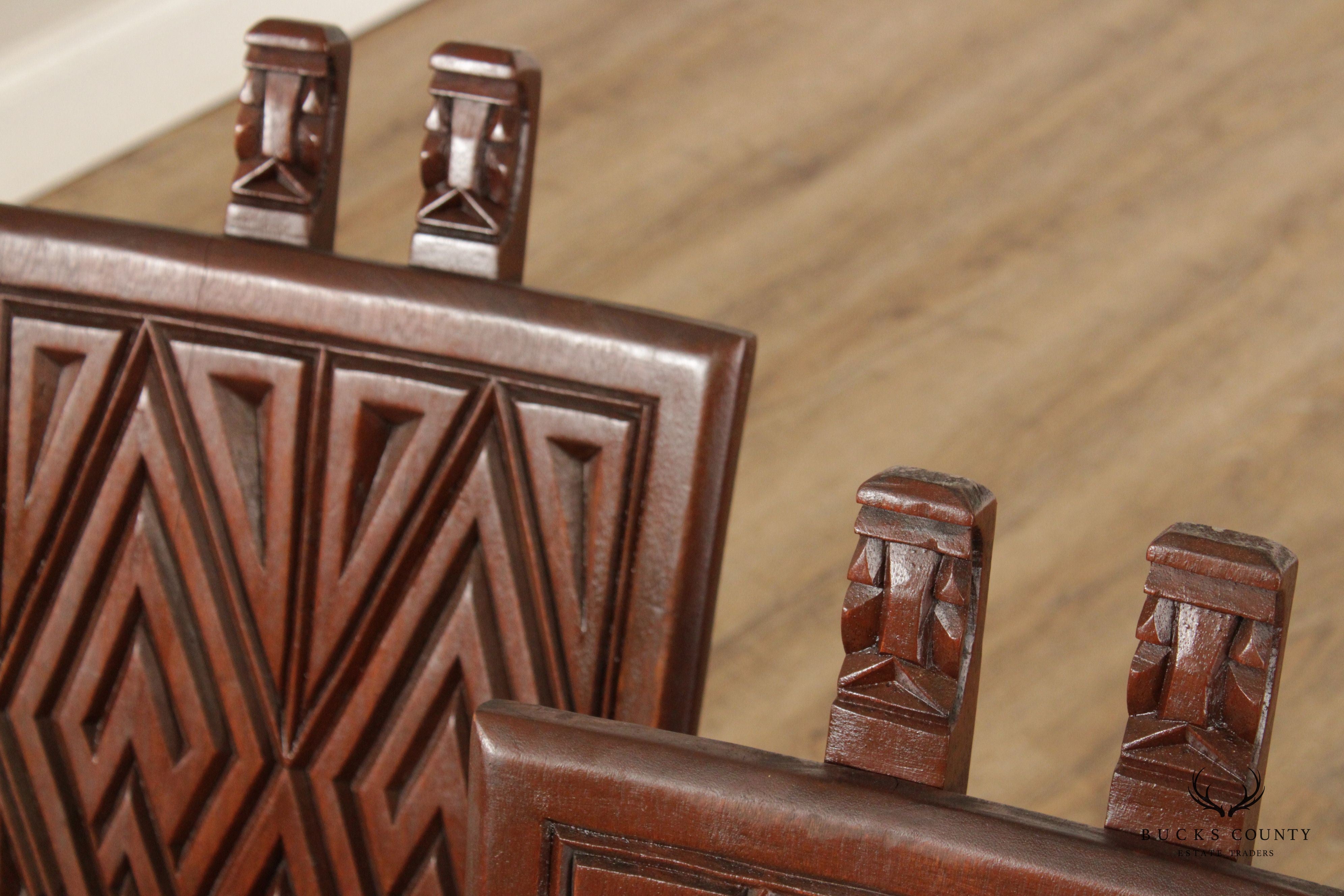 African Traditional Ceremonial Pair Mahogany Carved Folding Chairs