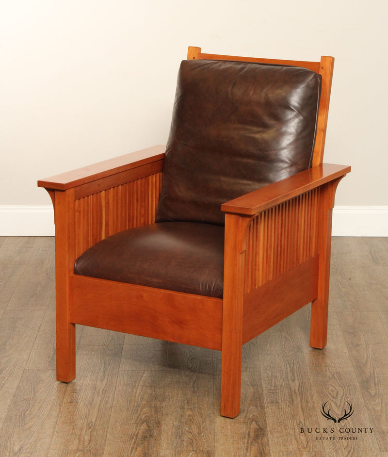 Stickley Mission Collection Pair of Cherry And Leather Spindle Lounge Chairs
