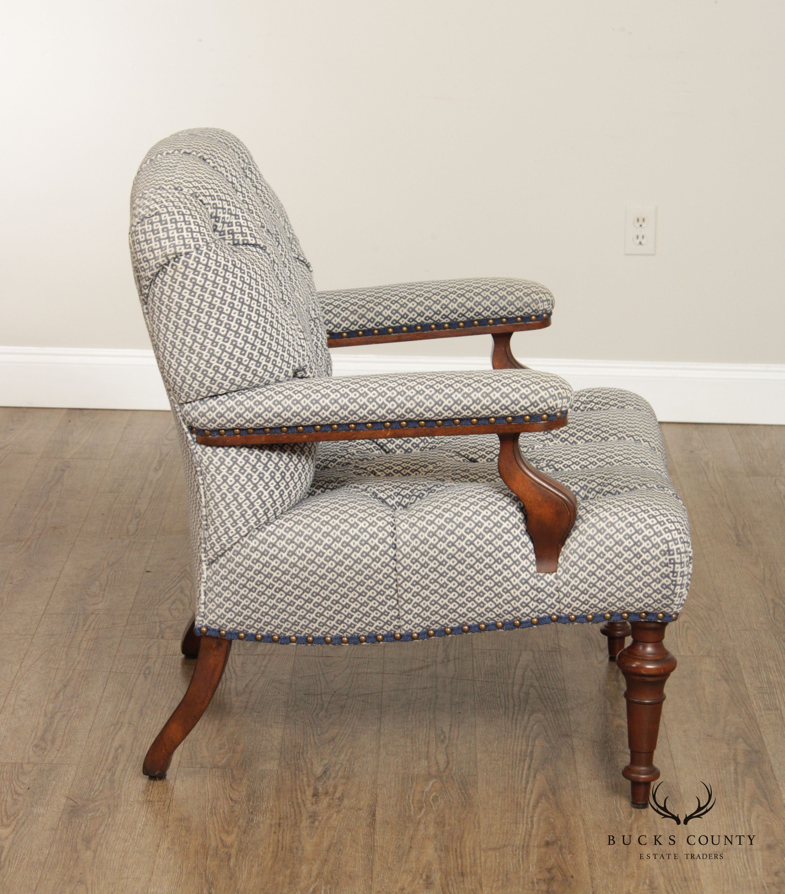 English Traditional Style Pair Of Mahogany Tufted Lounge Chairs