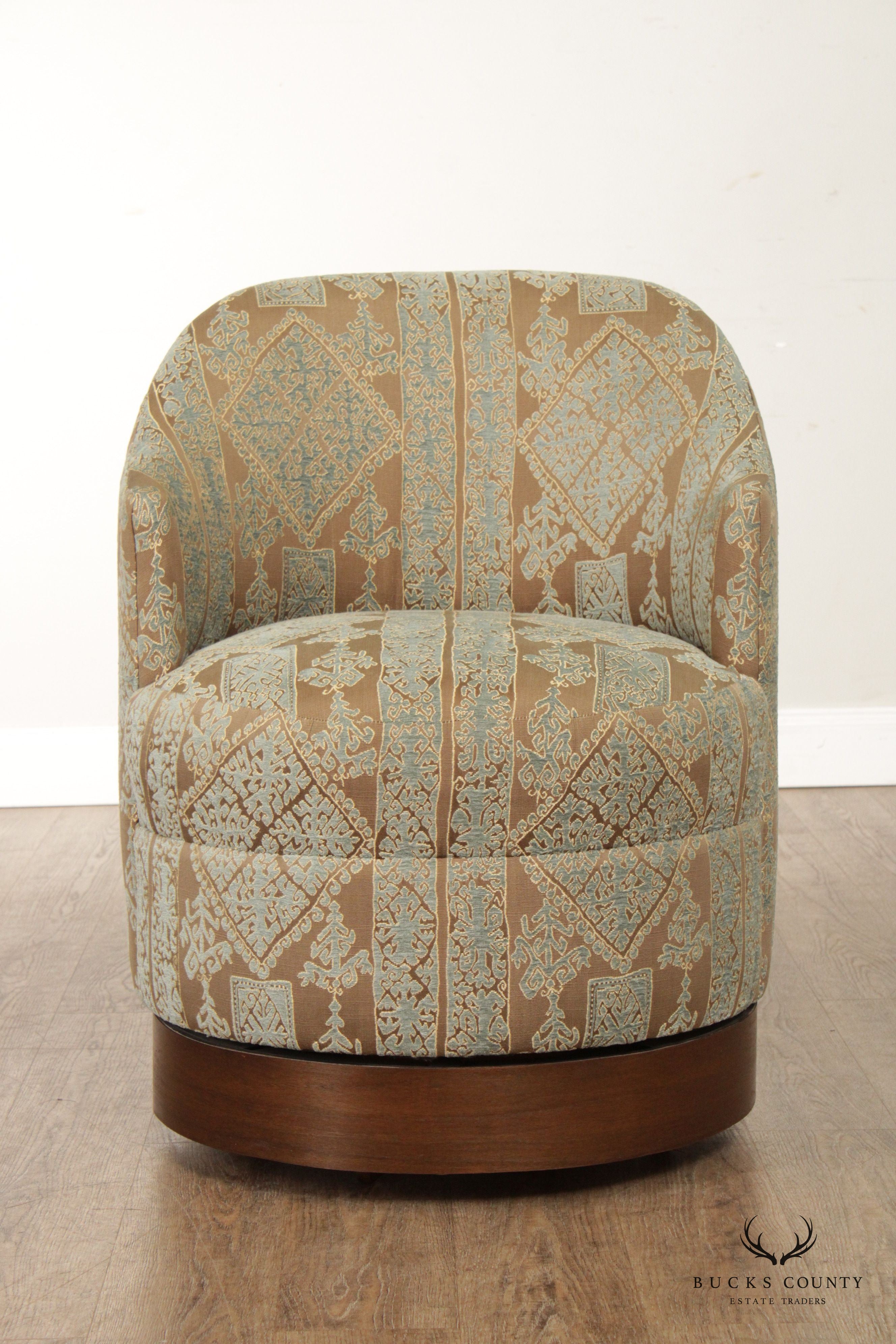 Contemporary Pair Custom Upholstered Swivel Club Chairs