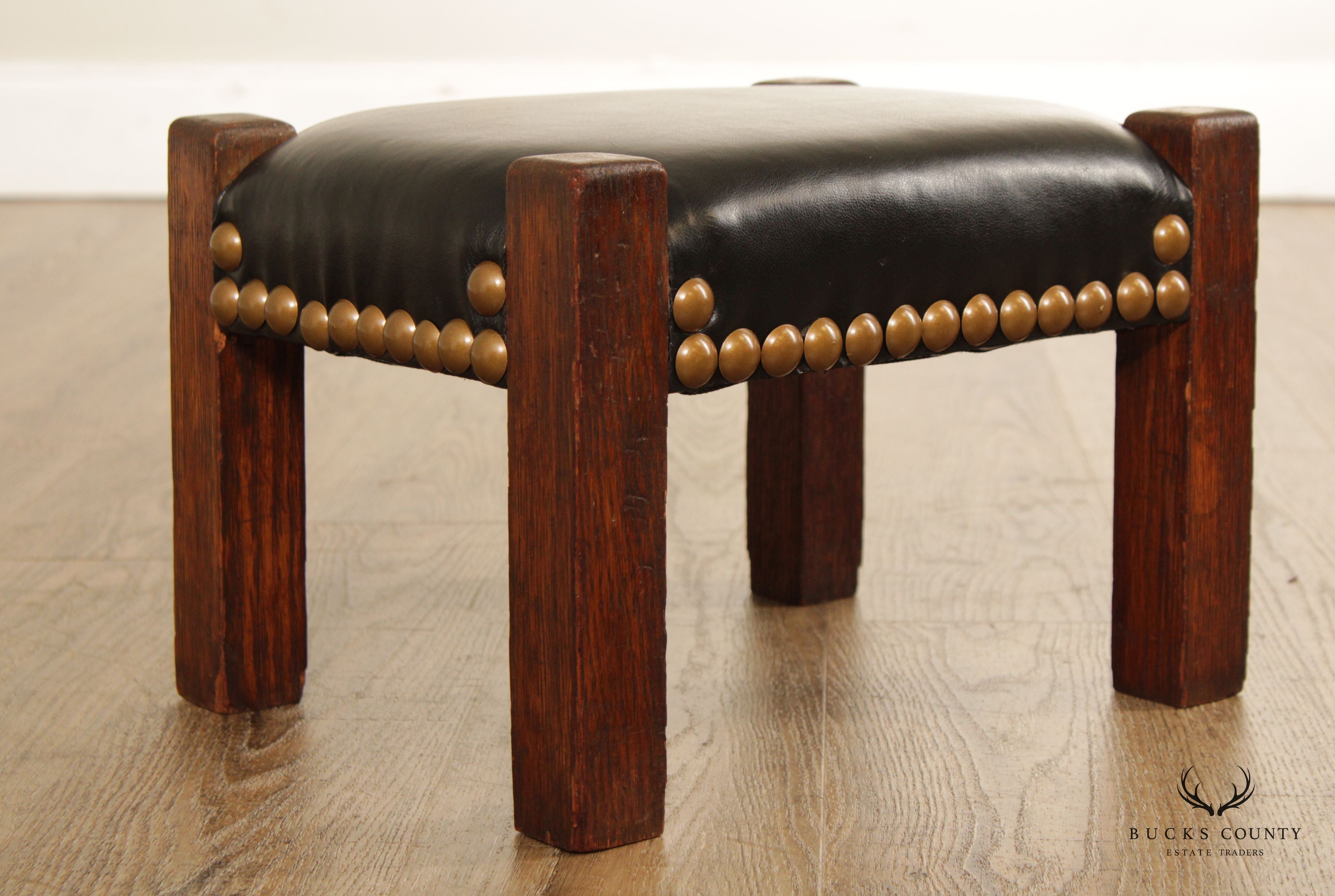 Mission Style Antique Oak and Leather Foot Stool