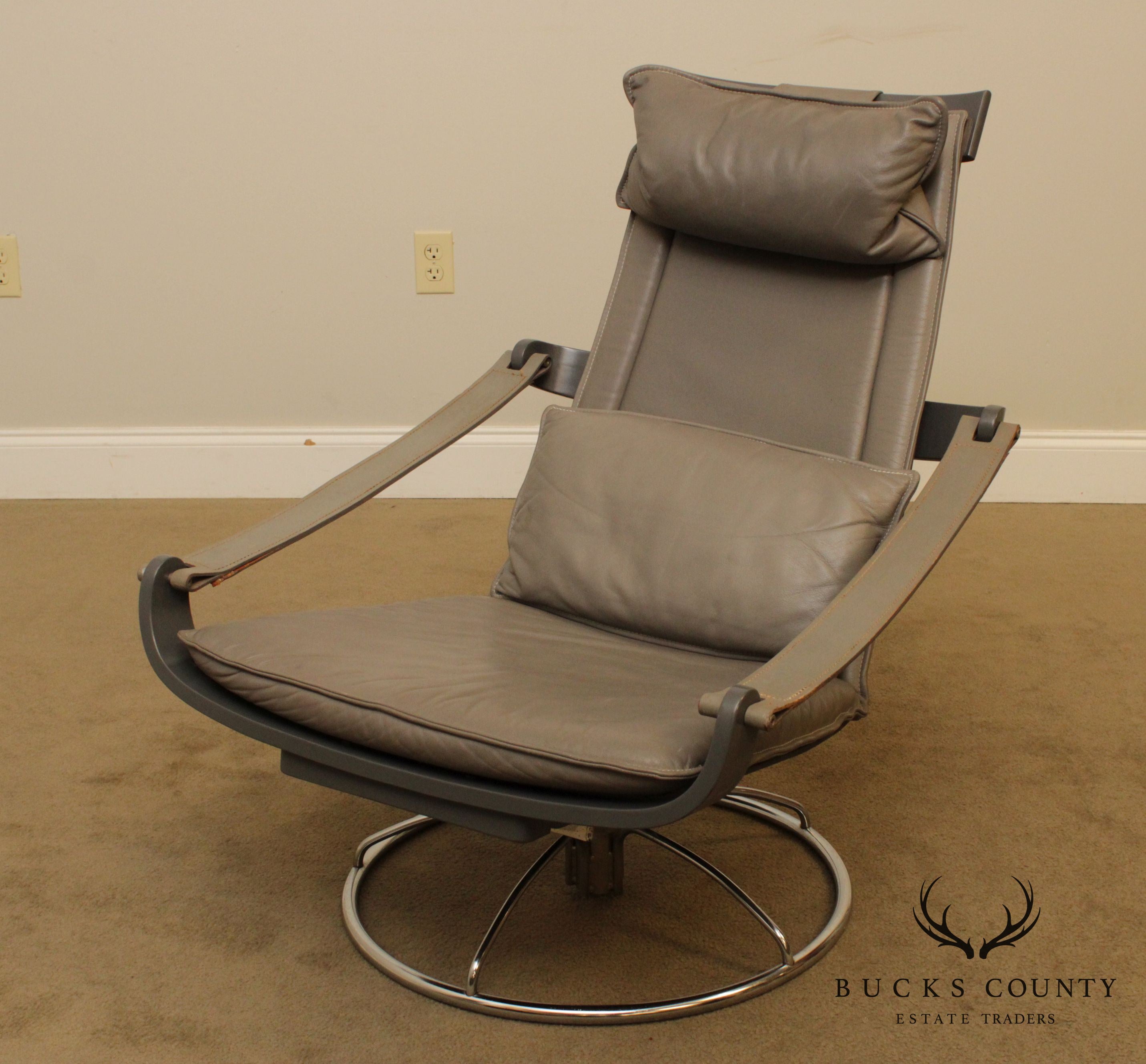 Mid Century Modern Grey Leather Chrome Base Swivel Lounge Chair