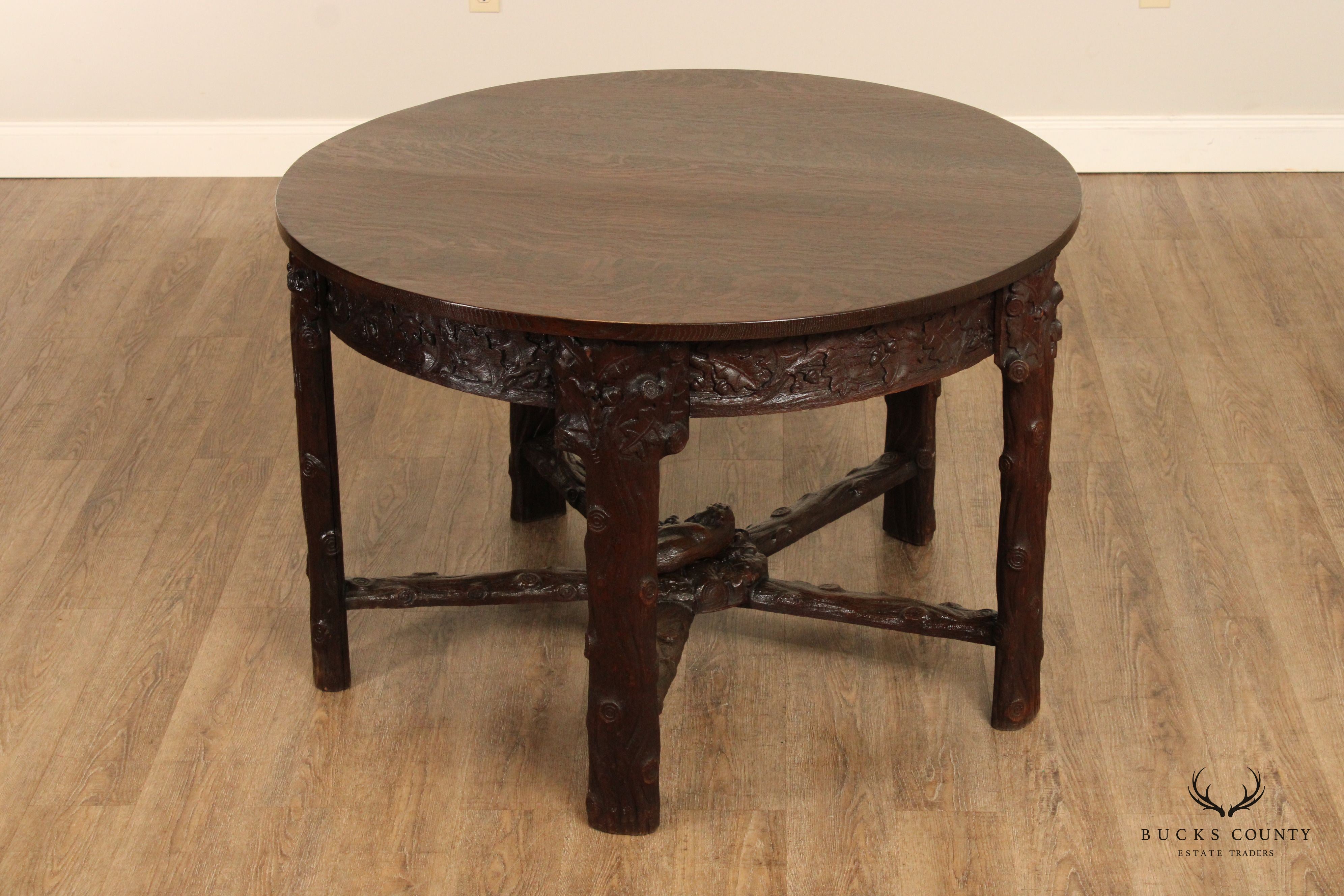 Antique American Black Forest Style Carved Oak Round Dining Table