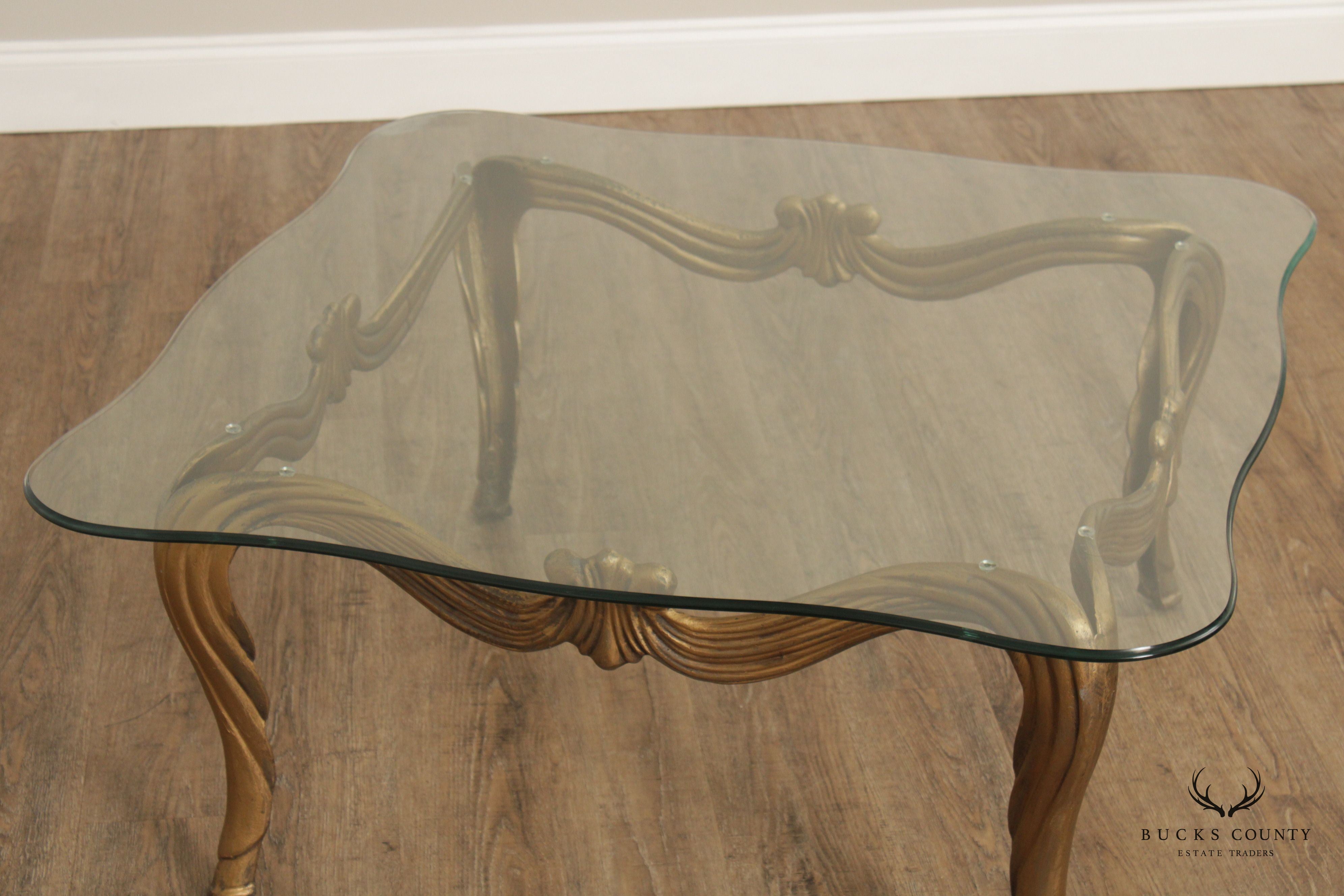 Hollywood Regency Vintage Gilt Metal and Glass Coffee Table