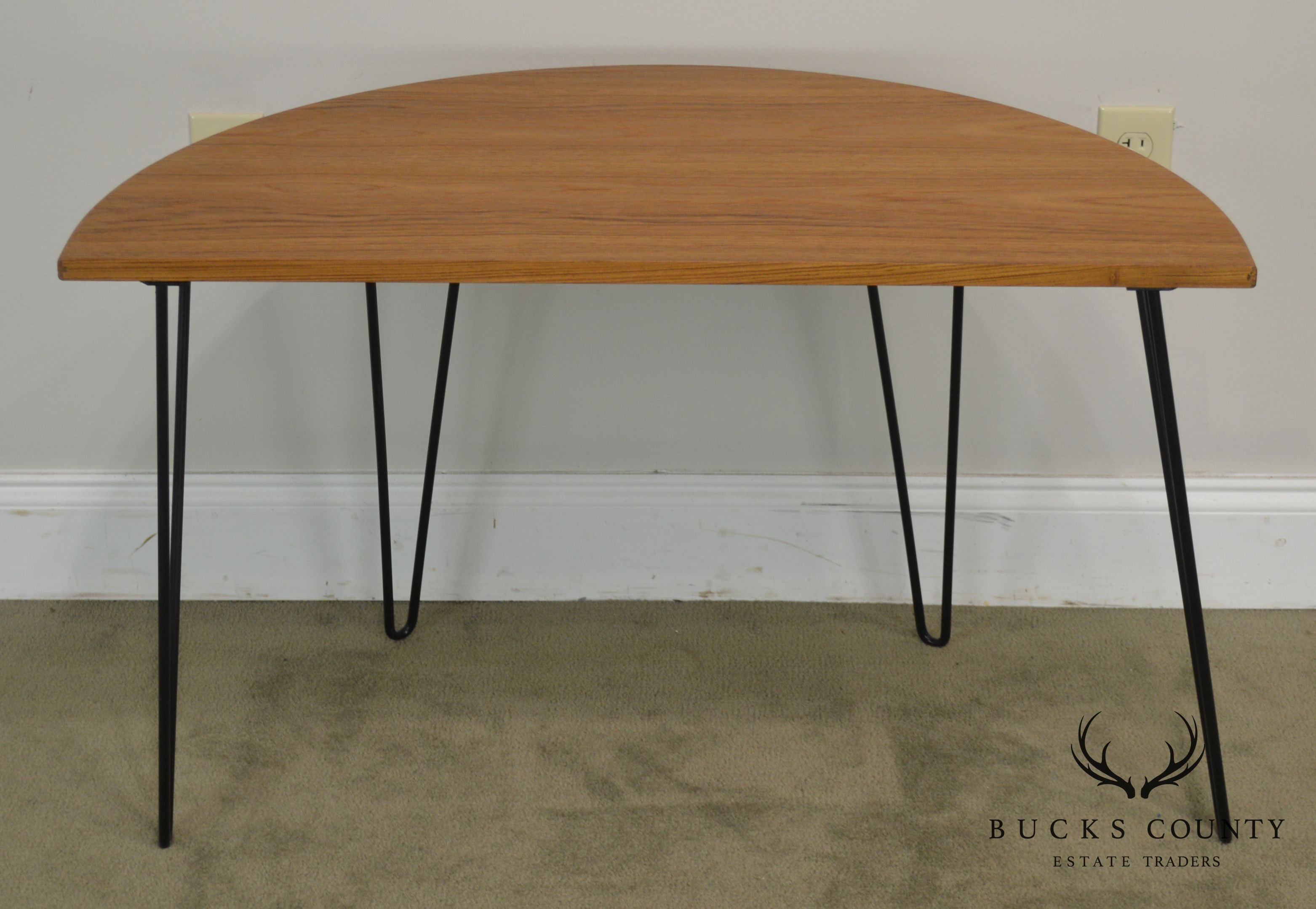 Danish Modern Style Demilune Teak Console Table with Iron Hair Pin Legs