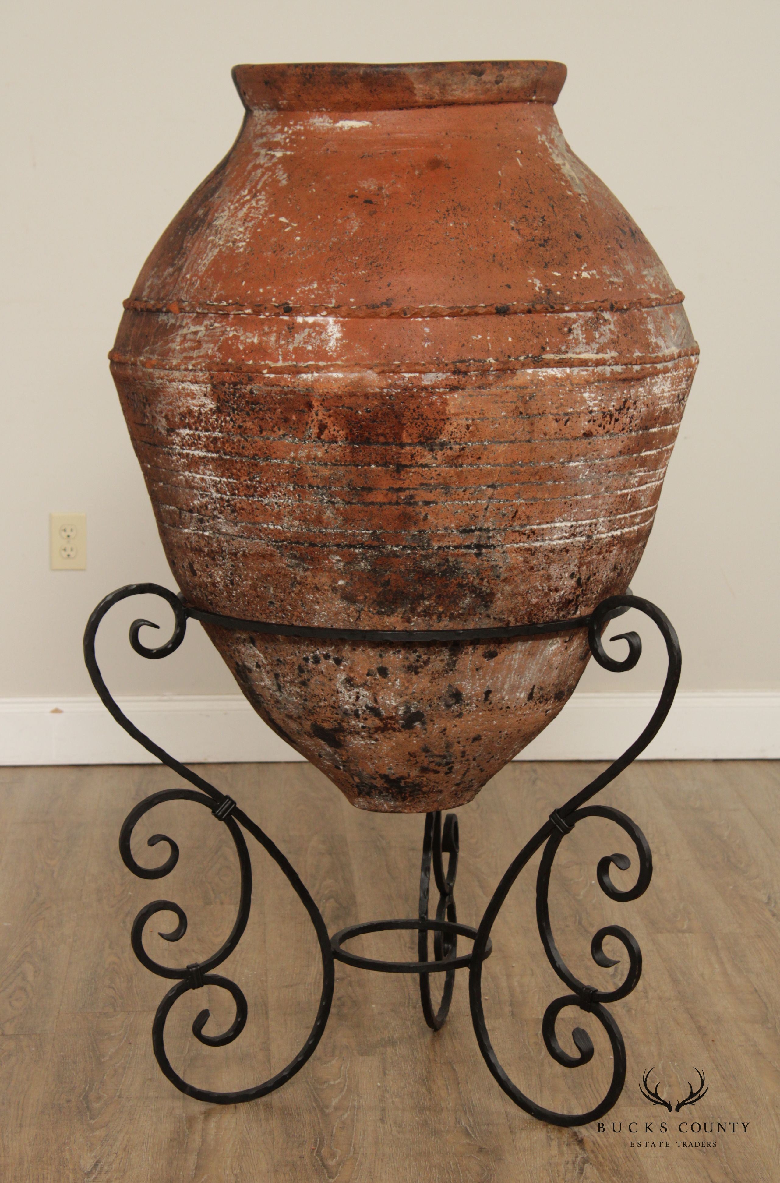 Antique Mediterranean Large Terra Cotta Amphora Floor Vase on Stand