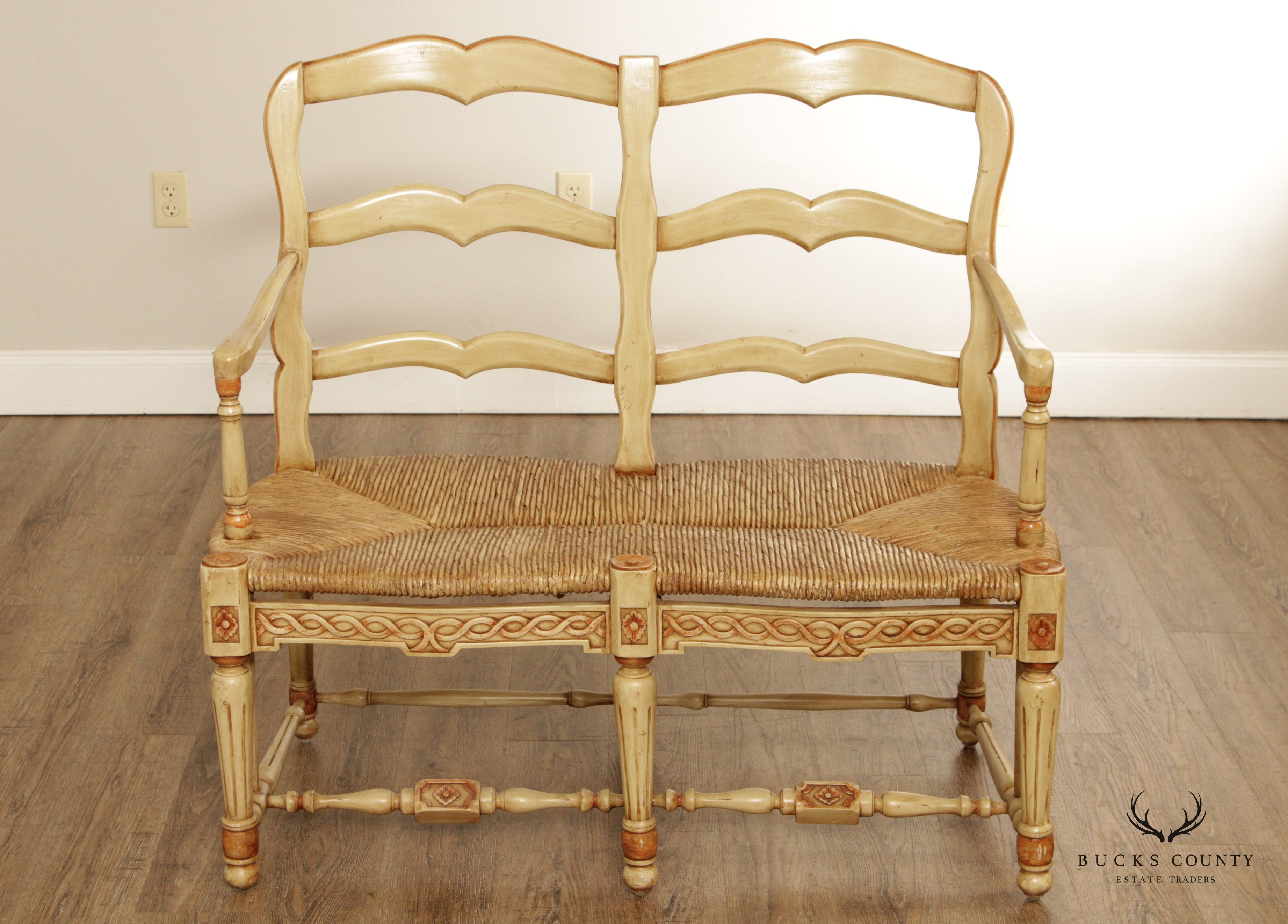 Rustic French Country Style Paint Frame Rush Seat Settee