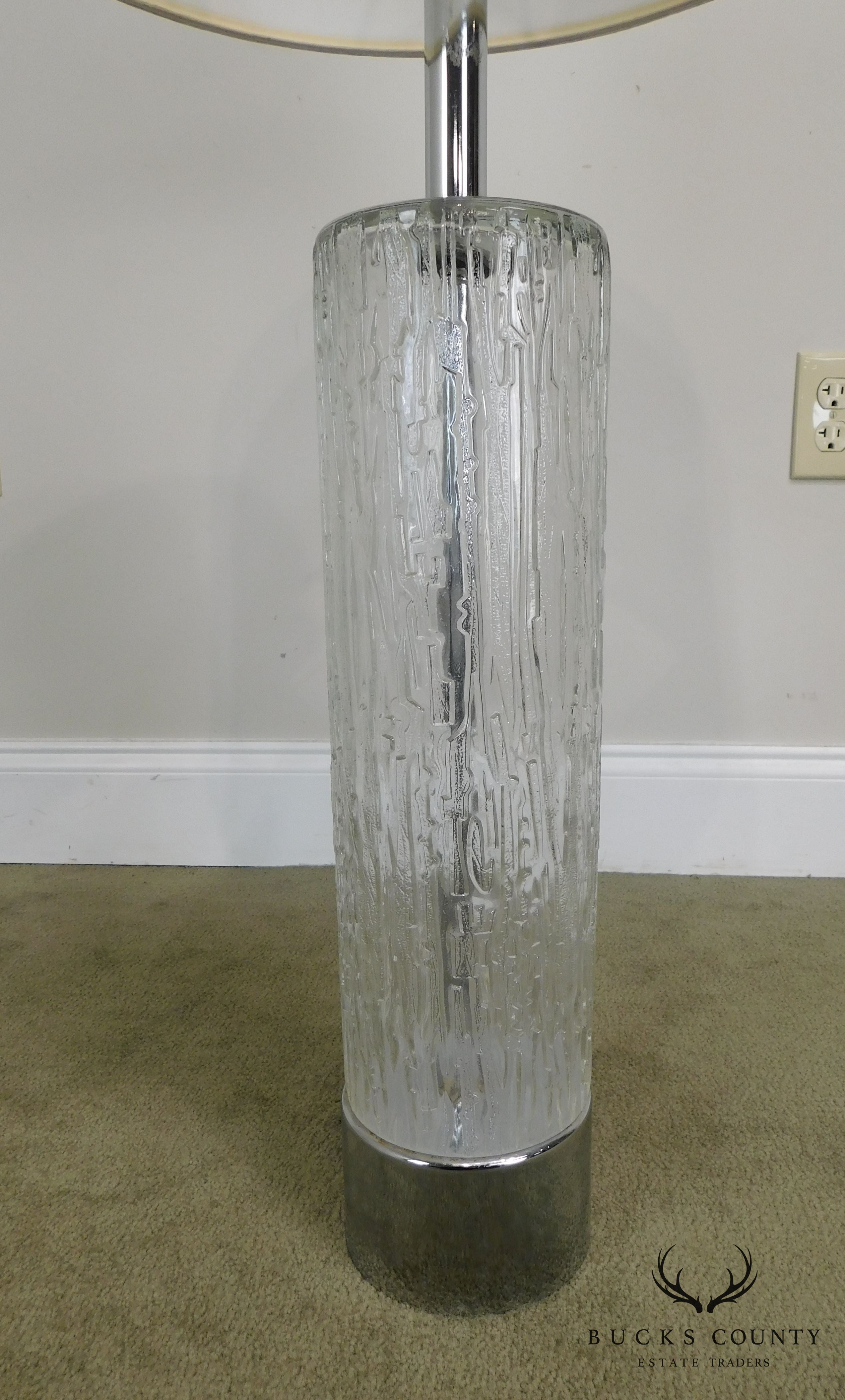 Mid Century Modern Pair of Chrome & Patterned Glass Column Lamps - 1970's