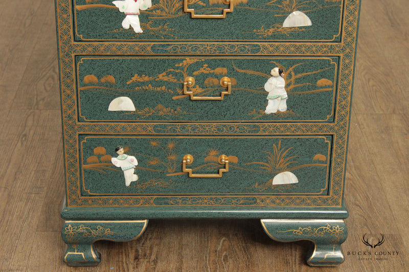 Asian Green Chinoiserie Lacquered Jewelry Cabinet