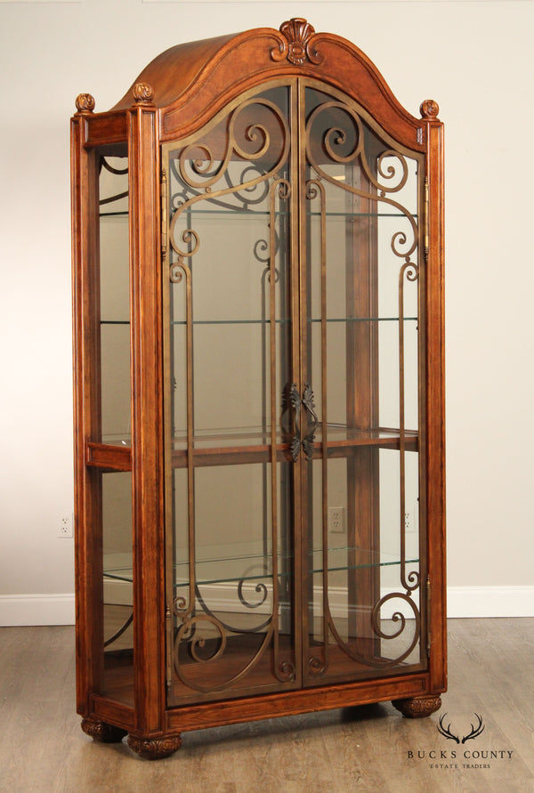 Henredon Tuscan Style Large Scrolled Iron Door Curio Display Cabinet